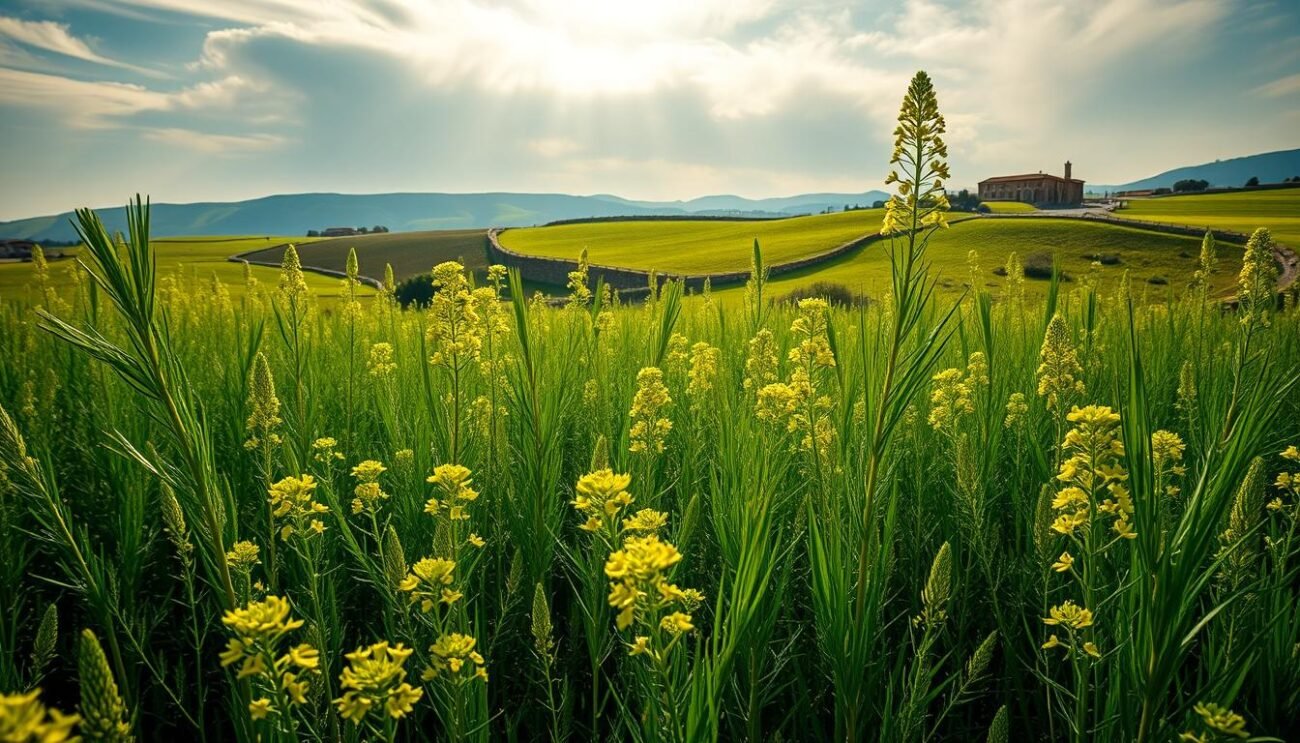 A lush, sprawling field of wild fennel (Finocchietto selvatico) in the picturesque Sicilian countryside. Towering green stalks sway gently in the warm Mediterranean breeze, their delicate yellow flowers blooming amidst the rolling hills. Sunlight filters through wispy clouds, casting a golden glow over the vibrant foliage. In the distance, traditional stone buildings and olive groves dot the landscape, hinting at the rich cultural heritage of this region. The scene evokes a sense of timeless tranquility, capturing the essence of the wild fennel that is a cornerstone of Sicilian cuisine and culinary tradition.