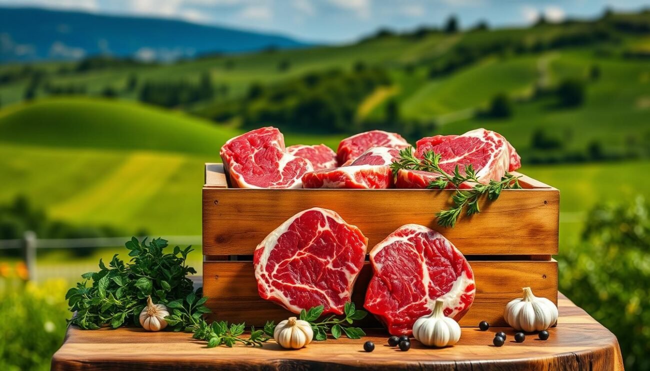 A lush, verdant Italian countryside backdrop, with rolling hills and a vibrant blue sky. In the foreground, a wooden crate overflows with succulent beef cuts, their rich marbling and deep red hues gleaming under warm, natural lighting. The crate is positioned atop a rustic wooden table, surrounded by fresh herbs, garlic, and a few scattered peppercorns, hinting at the flavorful preparation to come. The composition evokes a sense of quality, tradition, and the bountiful nature of Italian beef production. The scene is photographed with a shallow depth of field, drawing the viewer's attention to the vibrant, high-quality beef at the heart of the image.