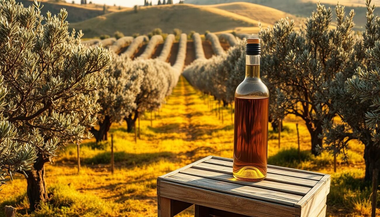 A lush, verdant Tuscan olive grove bathed in warm, golden afternoon light. Rows of gnarled, silvery olive trees stretch out across gently rolling hills, their twisted trunks and branches casting soft shadows on the fertile, ochre-hued soil below. In the foreground, a glass bottle of "Olio extra vergine di oliva Toscano" sits atop a weathered wooden crate, its label proudly displaying the region's name. The image conveys a sense of artisanal craftsmanship, a celebration of the land's bounty, and the timeless traditions of olive oil production in this renowned Italian province. A lush, verdant Tuscan olive grove bathed in warm, golden afternoon light. Rows of gnarled, silvery olive trees stretch out across gently rolling hills, their twisted trunks and branches casting soft shadows on the fertile, ochre-hued soil below. In the foreground, a glass bottle of "Olio extra vergine di oliva Toscano" sits atop a weathered wooden crate, its label proudly displaying the region's name. The image conveys a sense of artisanal craftsmanship, a celebration of the land's bounty, and the timeless traditions of olive oil production in this renowned Italian province.