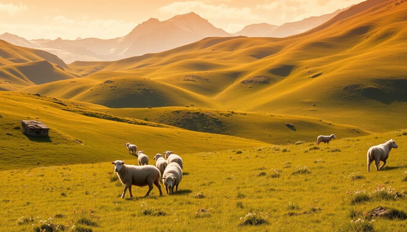 A lush, verdant alpine meadow stretches before the viewer, bathed in warm, golden sunlight. In the foreground, a herd of grazing sheep peacefully wanders the terrain, their woolly coats glistening. The middle ground features rolling hills dotted with wildflowers, their vibrant colors complementing the rich, green grasses. In the distance, a backdrop of majestic, snow-capped peaks rises, framing the scene with a sense of grandeur and timeless tranquility. The overall mood is one of harmony and balance, showcasing the sustainable management of this pastoral landscape and the environmental benefits it provides.