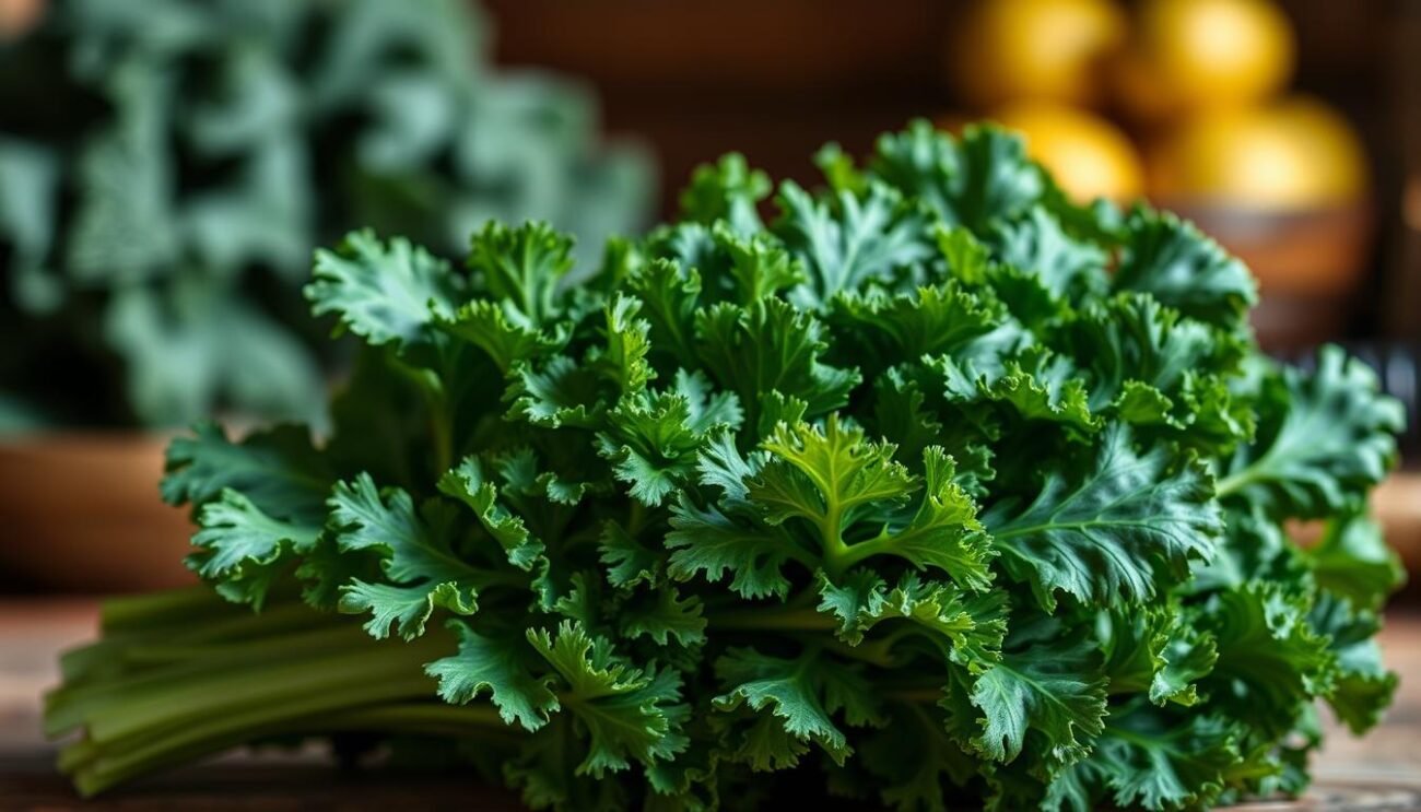 A lush, verdant bunch of Cavolo nero (Tuscan kale) with vibrant, deep green leaves and thick, sturdy stems. The kale is photographed in a soft, natural lighting, highlighting its intricate textures and the rich, earthy tones. The composition places the kale in the foreground, with a blurred, out-of-focus background suggesting an Italian countryside setting. The mood is one of rustic, homemade authenticity, inviting the viewer to appreciate the nutritional benefits and culinary versatility of this traditional Italian vegetable.