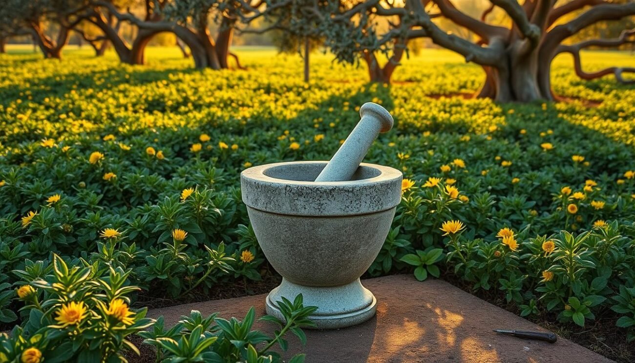 A lush, verdant field of vibrant cime di rapa plants, their dark green leaves and yellow flowers swaying gently in a warm, Mediterranean breeze. In the foreground, a traditional stone mortar and pestle stand, worn from years of use, casting long shadows under the soft, golden light of the setting sun. The composition is framed by ancient olive trees, their twisted trunks and gnarled branches creating a sense of timeless tradition. The overall atmosphere is one of rustic simplicity and deep connection to the land, hinting at the origins of this beloved Pugliese pesto. A lush, verdant field of vibrant cime di rapa plants, their dark green leaves and yellow flowers swaying gently in a warm, Mediterranean breeze. In the foreground, a traditional stone mortar and pestle stand, worn from years of use, casting long shadows under the soft, golden light of the setting sun. The composition is framed by ancient olive trees, their twisted trunks and gnarled branches creating a sense of timeless tradition. The overall atmosphere is one of rustic simplicity and deep connection to the land, hinting at the origins of this beloved Pugliese pesto.