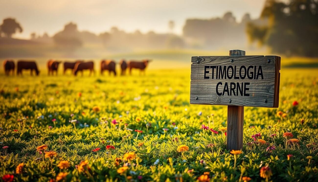 A lush, verdant field stretches out, dotted with vibrant wildflowers. In the center, a weathered wooden sign stands, its surface etched with the words "Etimologia Carne". The scene is bathed in warm, golden light, casting a soft glow over the entire landscape. In the distance, a herd of cattle graze peacefully, their silhouettes framed against a hazy, atmospheric backdrop. The image conveys a sense of tranquility and connection to the land, reflecting the journey into the origins of the meat we consume.