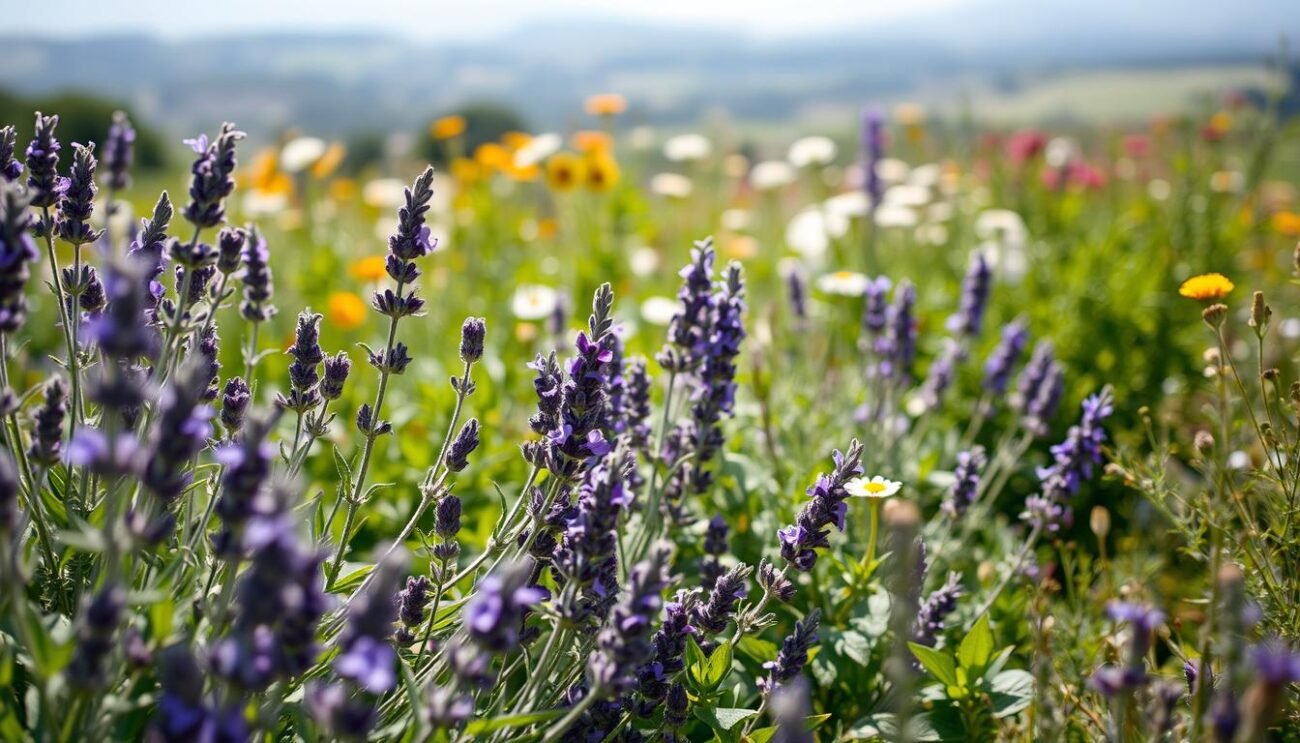 A lush, verdant garden filled with an array of vibrant, aromatic Italian medicinal herbs. In the foreground, clusters of lavender, rosemary, and sage sway gently in the soft, diffused light. Further back, a mix of chamomile, thyme, and oregano create a tapestry of colors and textures. The background is a hazy, out-of-focus landscape of rolling hills and distant trees, setting a serene, contemplative mood. The image is captured with a shallow depth of field, drawing the viewer's eye to the captivating details of the carefully cultivated herbs. Sunlight filters through the leaves, casting delicate shadows and highlights that accentuate the plants' natural beauty.