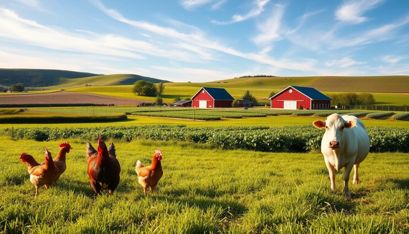 A lush, verdant landscape showcasing a sustainable organic farm. In the foreground, happy free-range chickens and contented dairy cows graze peacefully on the verdant pasture. In the middle ground, a picturesque red barn and farmhouse stand amidst rows of thriving crops. The background is framed by gently rolling hills and a clear blue sky, with wispy clouds drifting overhead. The scene is bathed in warm, natural lighting, creating a serene and inviting atmosphere. This image captures the essence of sustainable, ethical farming practices that prioritize animal welfare and environmental stewardship.