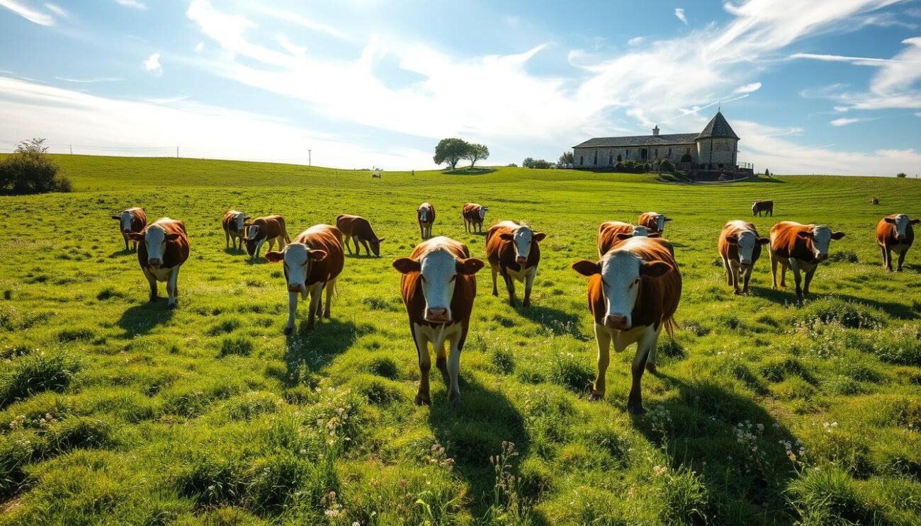 A lush, verdant pasture dotted with contented grazing cows, their hooves treading lightly on the rich, organic soil. Sunlight filters through wispy clouds, casting a warm, natural glow over the scene. In the distance, a traditional Italian farmhouse stands as a testament to the generations-old traditions of this biodynamic farming approach. The cows move with a peaceful, unhurried rhythm, munching on the diverse array of native grasses and wildflowers that thrive in this carefully managed, chemical-free environment. A sense of harmony and balance pervades the pastoral landscape, showcasing the benefits of organic livestock rearing.