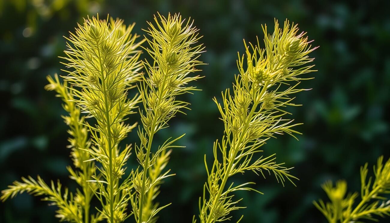 A lush, vibrant close-up of wild fennel, its feathery fronds radiating outward in a stunning display of natural beauty. The delicate green stems, bathed in warm, golden sunlight, stand tall and proud against a softly blurred backdrop of verdant foliage. The image captures the essence of this versatile herb, revealing its intricate textures and captivating color palette. A sense of tranquility and connection to the earth pervades the scene, inviting the viewer to appreciate the myriad health benefits of this remarkable culinary and medicinal plant.