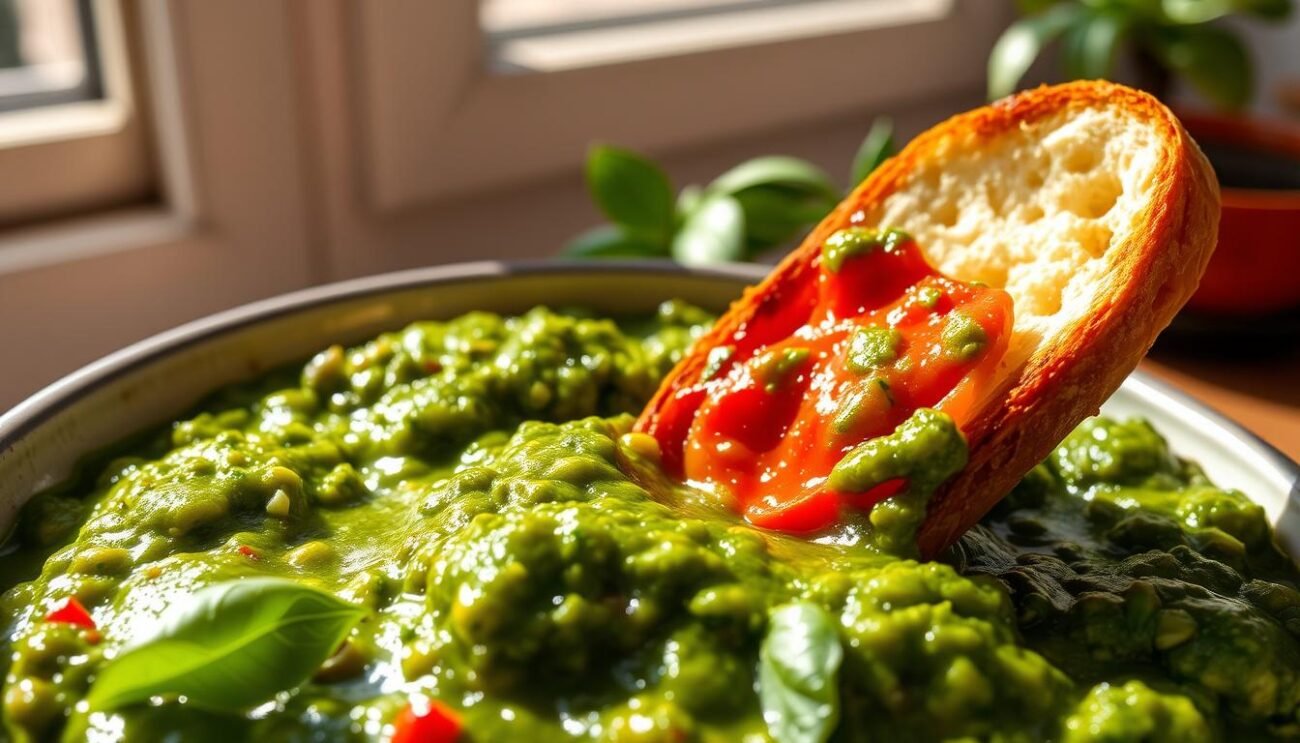 A lush, vibrant pesto made from roasted peppers with a crisp, crackly texture. The peppers are carefully dried and fried, creating a deeply savory, almost nutty flavor. Silky olive oil, fragrant garlic, and fresh basil leaves bind the pesto together, resulting in a rich, velvety sauce. Sunlight filters through the window, casting a warm glow over the glistening pesto, inviting you to dip a crusty piece of bread and savor the unique taste of this traditional Lucanian recipe.