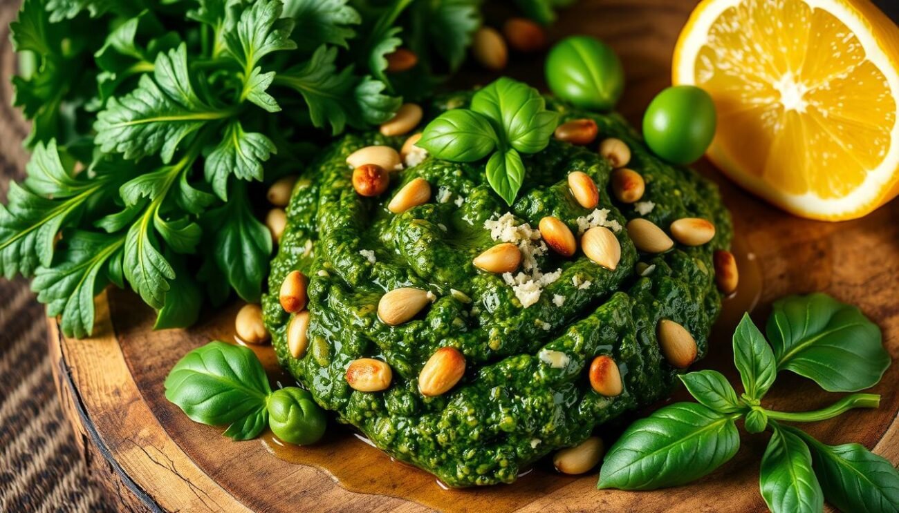 A lush, vibrant vegan pesto made from fresh cime di rapa (broccoli rabe), gently simmered in olive oil and garlic, blended with toasted pine nuts, fresh basil, and a sprinkle of Parmesan-style vegan cheese. The pesto is artfully arranged on a rustic wooden board, accompanied by a handful of the bright green leafy greens, an wedge of lemon, and a drizzle of high-quality extra virgin olive oil. The scene is bathed in soft, warm lighting, creating a cozy, comforting atmosphere that evokes the flavors and traditions of Southern Italy. A lush, vibrant vegan pesto made from fresh cime di rapa (broccoli rabe), gently simmered in olive oil and garlic, blended with toasted pine nuts, fresh basil, and a sprinkle of Parmesan-style vegan cheese. The pesto is artfully arranged on a rustic wooden board, accompanied by a handful of the bright green leafy greens, an wedge of lemon, and a drizzle of high-quality extra virgin olive oil. The scene is bathed in soft, warm lighting, creating a cozy, comforting atmosphere that evokes the flavors and traditions of Southern Italy.
