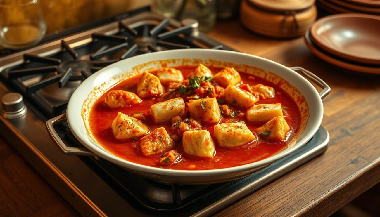 A luxurious seafood ragù, simmered to perfection on a stove in a cozy Italian kitchen. Tender chunks of fresh-caught fish and aromatic herbs swim in a rich, creamy tomato sauce, the steam rising gently. Warm lighting casts a golden glow, while the weathered wooden table and vintage dishware evoke a sense of rustic elegance. The dish is plated with care, ready to be savored by discerning diners seeking a sophisticated yet comforting take on a classic Italian favorite.