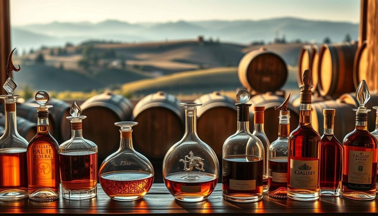 A majestic display of Italian distilling prowess, showcasing the renaissance of artisanal spirits. In the foreground, an array of elegant glass bottles filled with amber-hued liquids, each a testament to the mastery of traditional techniques and innovative ingredients. The middle ground features a backdrop of rustic wooden barrels, their weathered surfaces evoking the passage of time and the meticulous aging process. Warm, golden lighting casts a glow over the scene, imbuing it with a sense of timeless elegance. In the distance, a hazy silhouette of rolling hills and vineyards, hinting at the rich agricultural heritage that inspires these captivating distillates. This image captures the essence of the Italian distilling renaissance, a harmonious blend of tradition, creativity, and a relentless pursuit of excellence. A majestic display of Italian distilling prowess, showcasing the renaissance of artisanal spirits. In the foreground, an array of elegant glass bottles filled with amber-hued liquids, each a testament to the mastery of traditional techniques and innovative ingredients. The middle ground features a backdrop of rustic wooden barrels, their weathered surfaces evoking the passage of time and the meticulous aging process. Warm, golden lighting casts a glow over the scene, imbuing it with a sense of timeless elegance. In the distance, a hazy silhouette of rolling hills and vineyards, hinting at the rich agricultural heritage that inspires these captivating distillates. This image captures the essence of the Italian distilling renaissance, a harmonious blend of tradition, creativity, and a relentless pursuit of excellence.