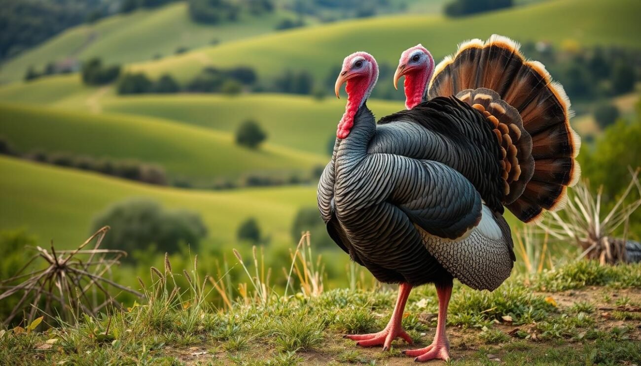 A majestic standard-bred Italian turkey stands proudly, its vibrant plumage shimmering in soft, natural lighting. The bird's robust frame and strong legs suggest its hardy nature, adapted to thrive in the pastoral Italian countryside. In the middle ground, a lush, verdant backdrop of rolling hills and verdant vegetation creates a serene, bucolic atmosphere. The camera's high-angle perspective captures the turkey's regal pose, emphasizing its impressive size and stature. This captivating image embodies the essence of the "Allevamento e Caratteristiche Fisiche" section, showcasing the remarkable physique and natural habitat of the iconic Italian tacchino. A majestic standard-bred Italian turkey stands proudly, its vibrant plumage shimmering in soft, natural lighting. The bird's robust frame and strong legs suggest its hardy nature, adapted to thrive in the pastoral Italian countryside. In the middle ground, a lush, verdant backdrop of rolling hills and verdant vegetation creates a serene, bucolic atmosphere. The camera's high-angle perspective captures the turkey's regal pose, emphasizing its impressive size and stature. This captivating image embodies the essence of the "Allevamento e Caratteristiche Fisiche" section, showcasing the remarkable physique and natural habitat of the iconic Italian tacchino.