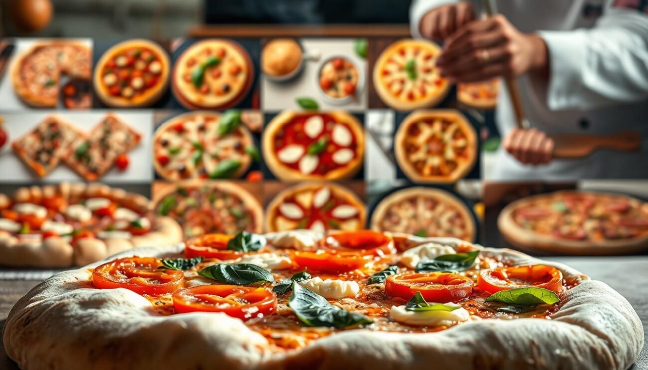 A mesmerizing evolution of pizza recipes unfurls, tracing centuries of culinary innovation. In the foreground, a hand-tossed dough rises, its surface dotted with fresh ingredients - juicy tomatoes, fragrant basil, and glistening mozzarella. The middle ground showcases a collage of regional specialties, from the wood-fired Neapolitan to the crisp Romana, each a testament to the diversity of Italian pizza culture. In the backdrop, a tapestry of influences emerges, as the pizza dough is kneaded, stretched, and transformed by the hands of master chefs, their techniques honed over generations. Soft, ambient lighting imbues the scene with a sense of timeless tradition, while a subtle lens flare suggests the ever-evolving nature of this beloved dish.