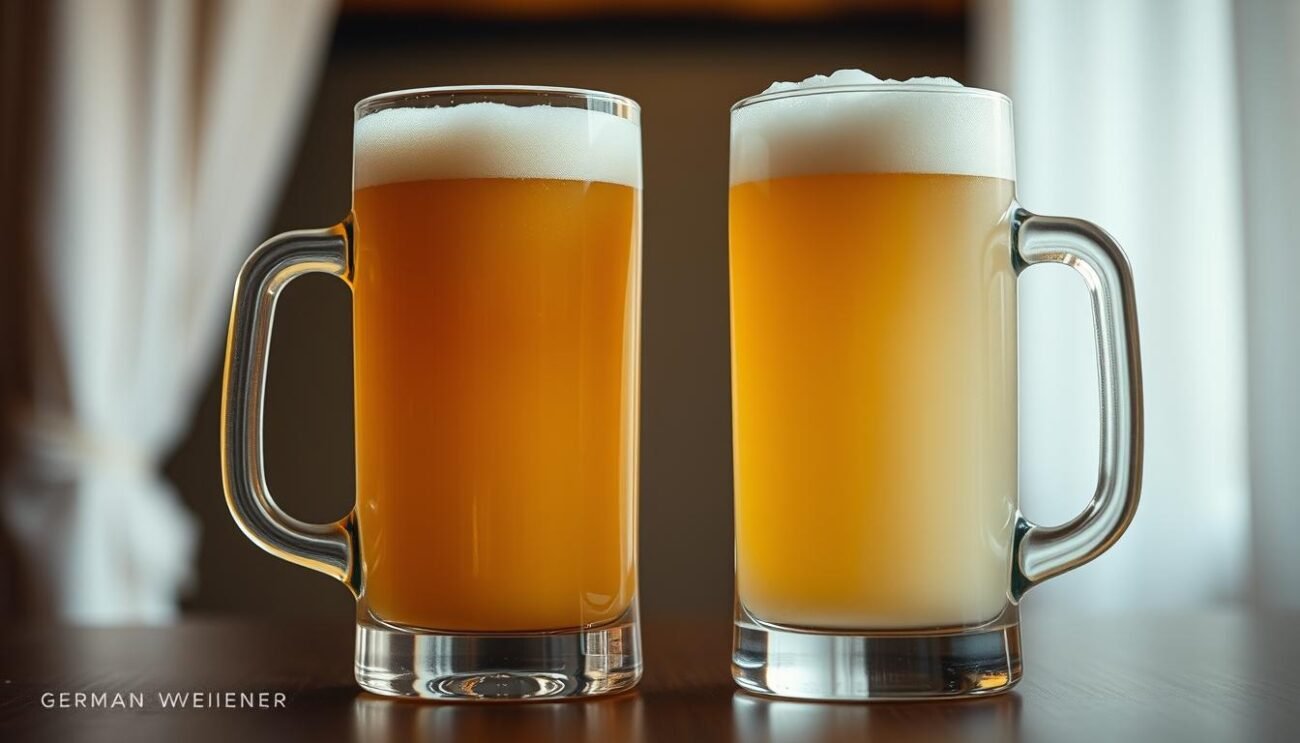 A meticulously composed still life featuring two glass mugs of German Weizen and Belgian Blanche beer, presented against a soft, blurred background that evokes a cozy, intimate setting. The glasses are positioned to showcase their distinct appearances - the cloudy, golden Weizen contrasted by the pale, hazy Blanche. Subtle, warm lighting casts a gentle glow, drawing the viewer's attention to the nuanced differences in color, texture, and foam structure between these two wheat beer styles. The scene conveys a sense of refinement, inviting the viewer to closely observe and appreciate the subtle visual cues that distinguish these two classic beer varieties.