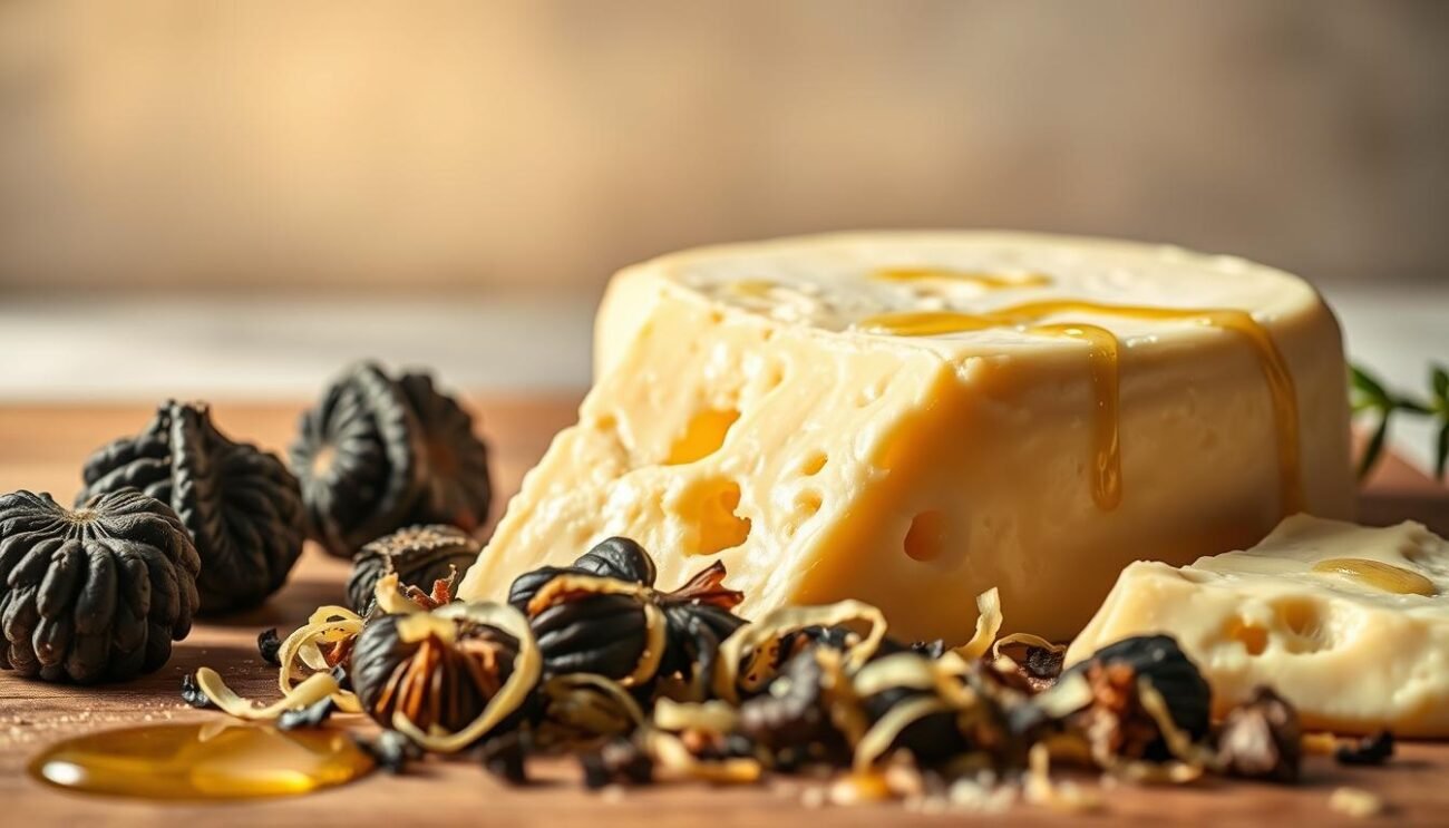 A meticulously crafted arrangement of creamy Parmigiano Reggiano, delicate black truffles, and a drizzle of olive oil. The cheese glistens under warm, directional lighting, casting soft shadows that accentuate its texture. In the middle ground, thinly shaved truffles are scattered, their earthy aroma wafting through the scene. The background features a clean, minimalist setting, allowing the protagonists to take center stage. This luxurious pairing, a celebration of Italian culinary tradition, is captured in a manner that evokes a sense of sophistication and appetite appeal.