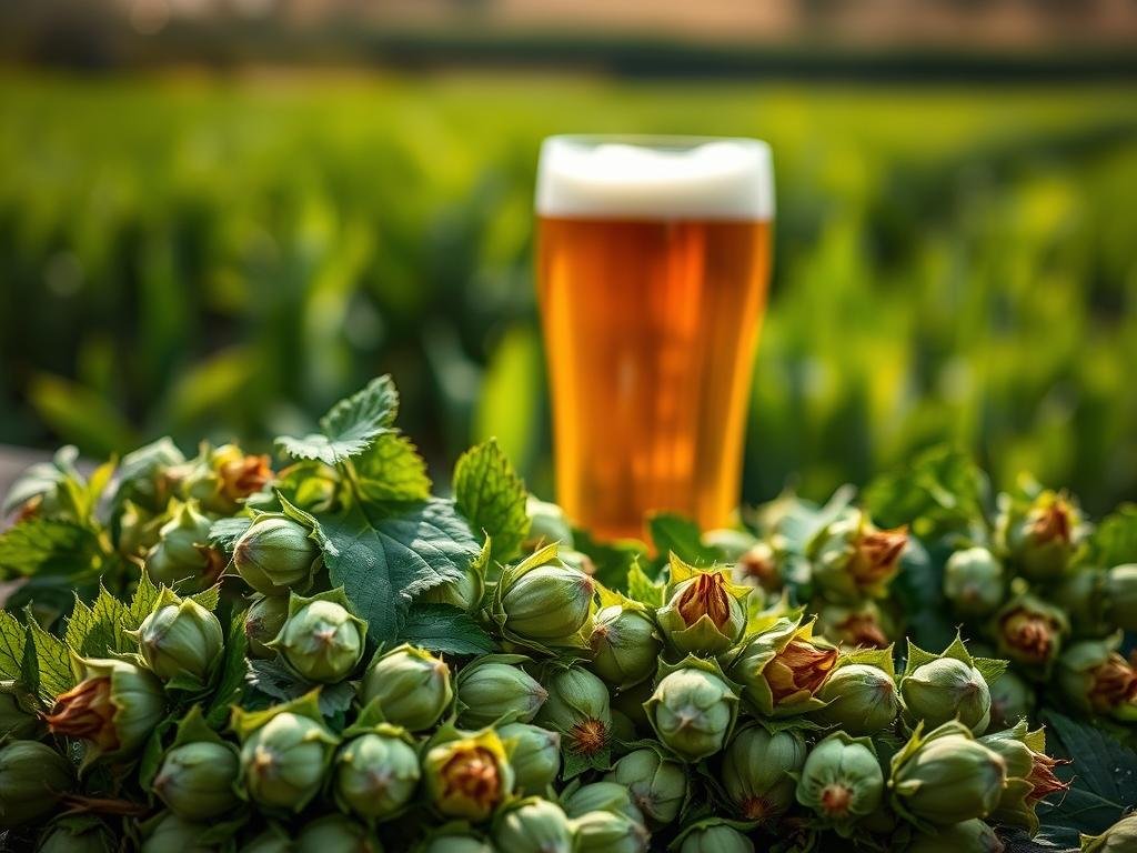 A meticulously crafted image showcasing the aromatic profile of a beer. In the foreground, an array of freshly harvested hops, their verdant leaves and vibrant cones glistening under a warm, natural light. In the middle ground, a glass of the beer, its amber hue and frothy head capturing the essence of the brew. The background features a blurred, yet evocative, representation of a lush, grassy field, evoking the agricultural origins of the ingredients. The overall scene conveys a sense of artisanal craftsmanship, the careful attention to detail, and the harmony between nature and human ingenuity that defines the world of beer production. A meticulously crafted image showcasing the aromatic profile of a beer. In the foreground, an array of freshly harvested hops, their verdant leaves and vibrant cones glistening under a warm, natural light. In the middle ground, a glass of the beer, its amber hue and frothy head capturing the essence of the brew. The background features a blurred, yet evocative, representation of a lush, grassy field, evoking the agricultural origins of the ingredients. The overall scene conveys a sense of artisanal craftsmanship, the careful attention to detail, and the harmony between nature and human ingenuity that defines the world of beer production.