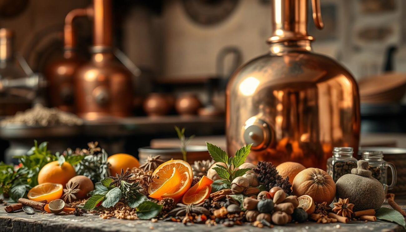 A meticulously crafted still life scene depicting the art of premium amaro production. In the foreground, an array of carefully selected botanicals - aromatic herbs, spices, and citrus peels - arranged with precision. In the midground, a copper alembic distilling apparatus, its gleaming surface reflecting the warm, ambient lighting. The background reveals a rustic, earthy setting, hinting at the traditional methods and natural origins of these elixirs. An atmosphere of artisanal craftsmanship and herbal alchemy pervades the scene, capturing the essence of premium amaro production. A meticulously crafted still life scene depicting the art of premium amaro production. In the foreground, an array of carefully selected botanicals - aromatic herbs, spices, and citrus peels - arranged with precision. In the midground, a copper alembic distilling apparatus, its gleaming surface reflecting the warm, ambient lighting. The background reveals a rustic, earthy setting, hinting at the traditional methods and natural origins of these elixirs. An atmosphere of artisanal craftsmanship and herbal alchemy pervades the scene, capturing the essence of premium amaro production.