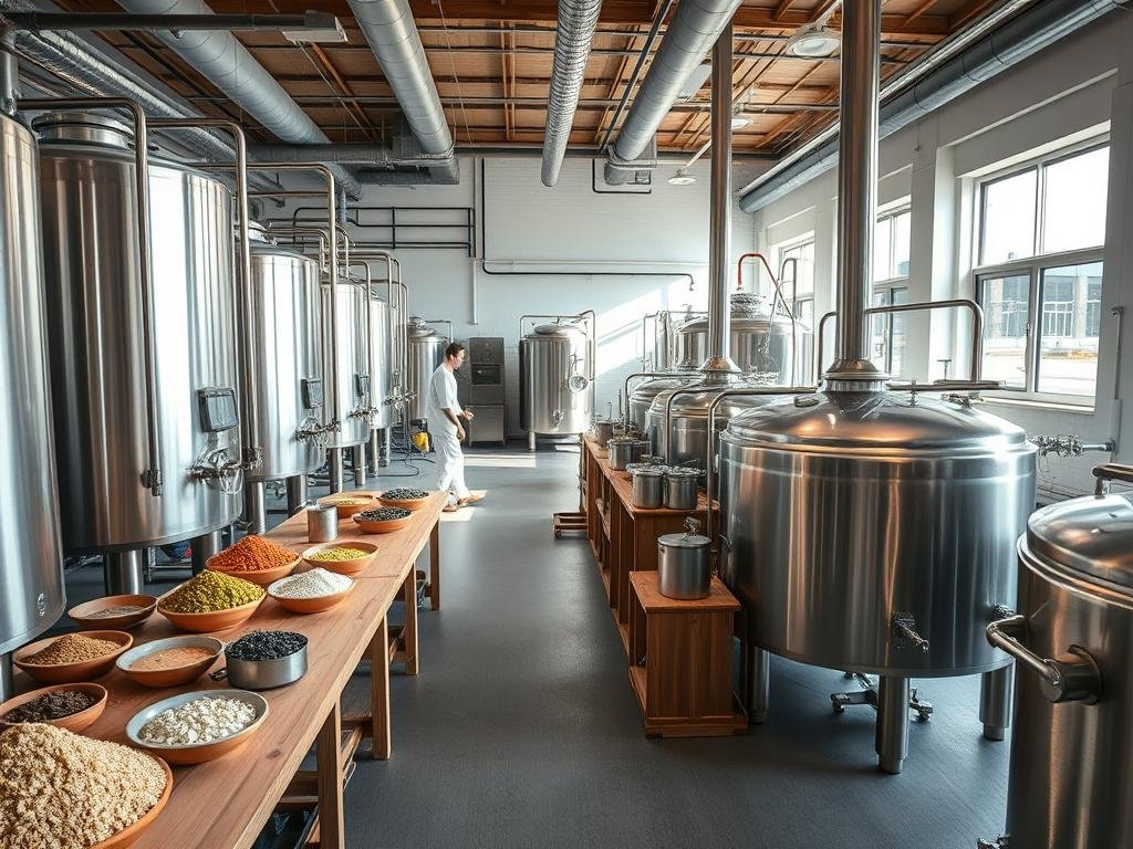 A modern brewery workshop with gleaming stainless steel equipment. Malt, hops, and other ingredients arranged neatly on wooden workbenches. Brewers in crisp white uniforms carefully monitor the fermentation process, studying the color and clarity of the liquid. Bright, natural lighting filters in from large windows, casting a warm glow over the scene. The atmosphere is one of precision, passion, and innovation - a testament to the art of craft beer making. The camera captures a wide, elevated angle, showcasing the full scope of the brewery's cutting-edge production methods. A modern brewery workshop with gleaming stainless steel equipment. Malt, hops, and other ingredients arranged neatly on wooden workbenches. Brewers in crisp white uniforms carefully monitor the fermentation process, studying the color and clarity of the liquid. Bright, natural lighting filters in from large windows, casting a warm glow over the scene. The atmosphere is one of precision, passion, and innovation - a testament to the art of craft beer making. The camera captures a wide, elevated angle, showcasing the full scope of the brewery's cutting-edge production methods.