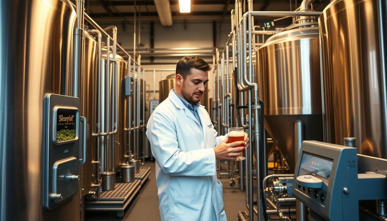 A modern, fully-automated craft brewery, with stainless steel fermentation tanks, hop-filled vessels, and a gleaming control panel. Warm lighting bathes the space, highlighting the intricate machinery and glass-walled viewing area. In the foreground, a brewer in a crisp white lab coat carefully measures ingredients, while in the background, the mash tun and lauter tun work in harmony, steadily converting the gluten-free grains into a rich, flavorful wort. The atmosphere is one of precision, innovation, and a dedication to creating exceptional gluten-free beer.