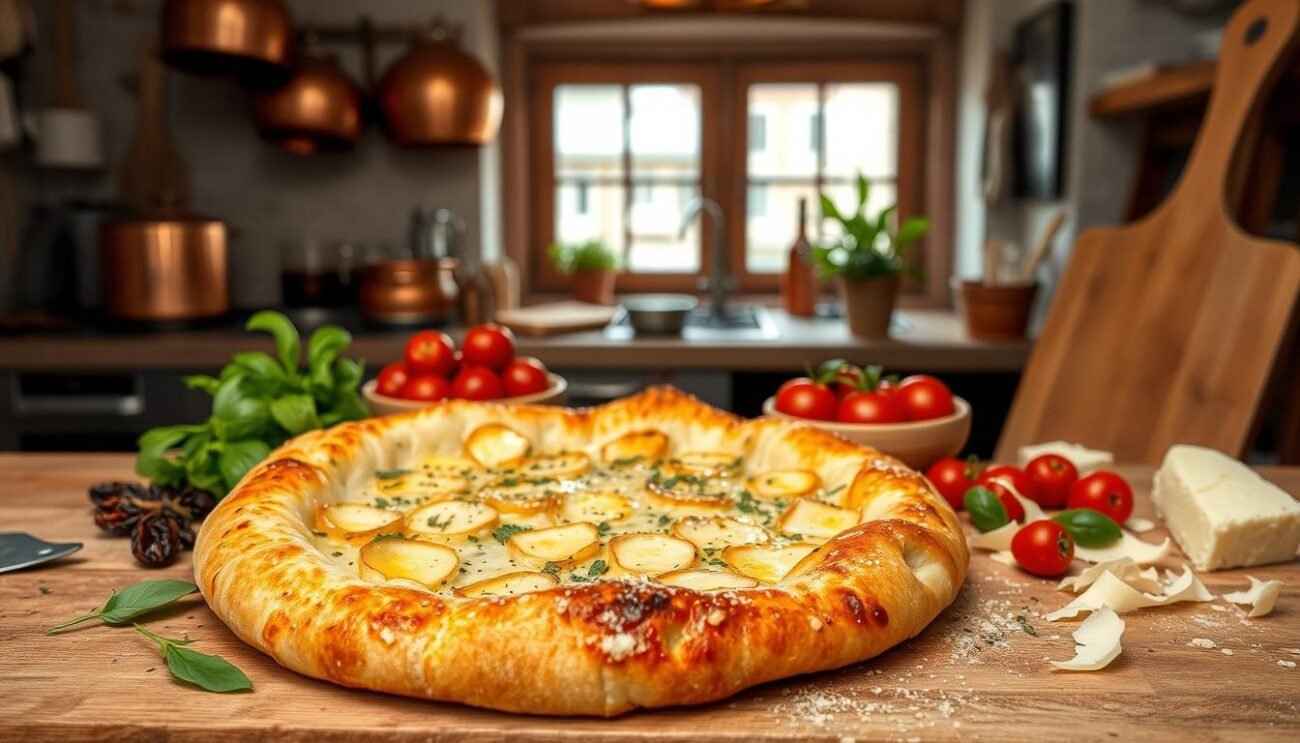 A modern interpretation of the classic Pinsa Romana, set against a warm, rustic backdrop. In the foreground, a freshly baked Pinsa, its crisp yet airy crust glistening with olive oil and dusted with fragrant herbs. Surrounding it, a display of locally sourced ingredients - sun-dried tomatoes, fresh basil, and shavings of Pecorino Romano cheese. The middle ground features a cozy, Italian-inspired kitchen, with copper pots and pans hanging overhead, and a vintage pizza peel leaning against the wall. In the background, a window offers a glimpse of a picturesque Italian streetscape, hinting at the timeless traditions that have shaped this modern gastronomic marvel.