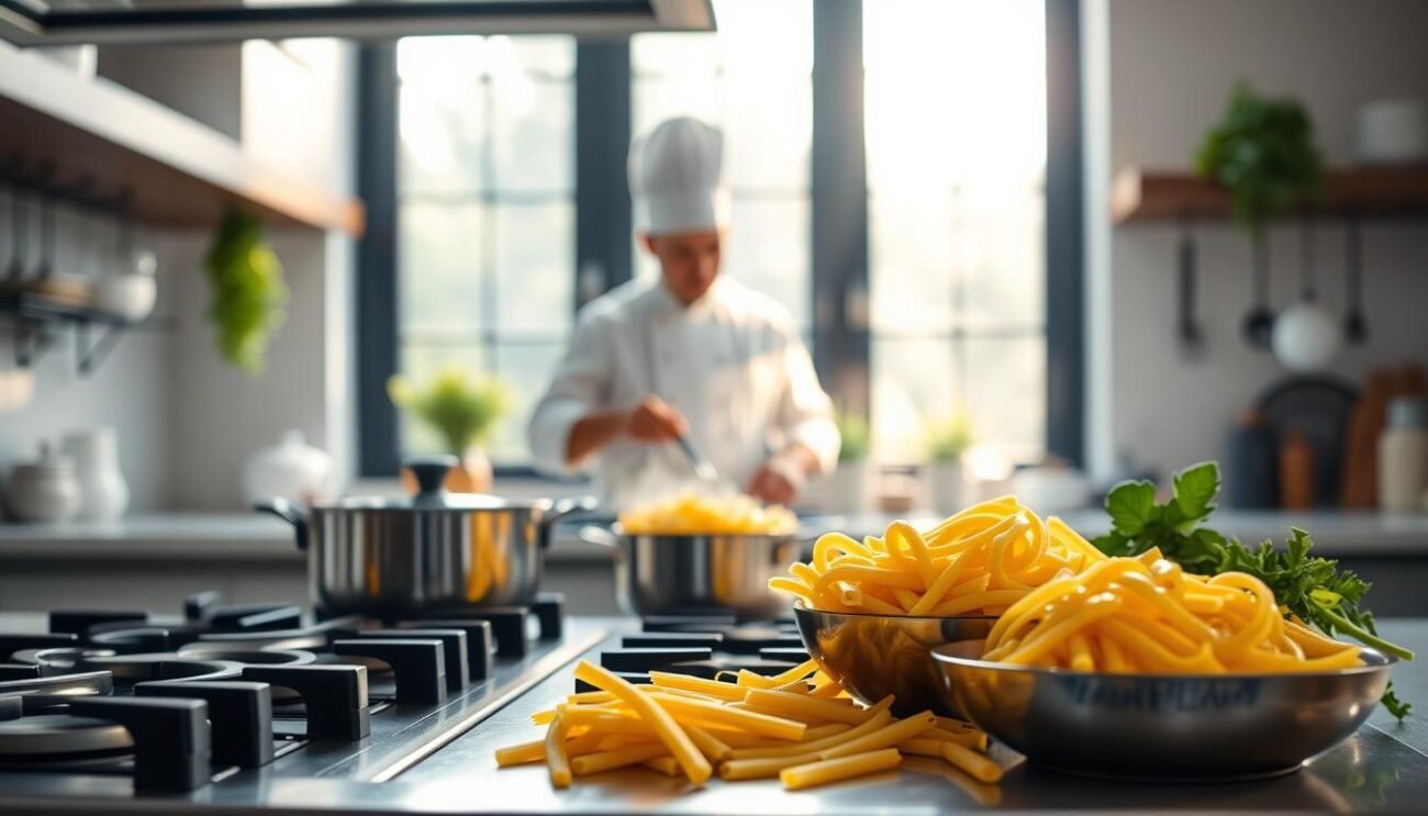 A modern kitchen interior with a stove top, pots, and various pasta varieties in the foreground. Soft, natural lighting filters through the windows, casting a warm, inviting glow. In the middle ground, a chef expertly boils pasta, while in the background, healthy green herbs and vegetables add a fresh, nutritious touch. The scene conveys a sense of culinary expertise and mindful cooking, highlighting the importance of preparation methods in achieving a low glycemic index for pasta dishes. A modern kitchen interior with a stove top, pots, and various pasta varieties in the foreground. Soft, natural lighting filters through the windows, casting a warm, inviting glow. In the middle ground, a chef expertly boils pasta, while in the background, healthy green herbs and vegetables add a fresh, nutritious touch. The scene conveys a sense of culinary expertise and mindful cooking, highlighting the importance of preparation methods in achieving a low glycemic index for pasta dishes.