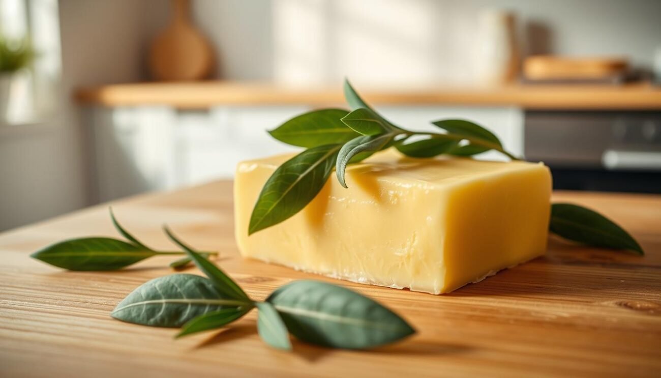 A modern, minimalist kitchen with warm, natural lighting. On a wooden surface, a large pat of golden butter glistens, surrounded by a few fresh sage leaves. The leaves cast subtle shadows, adding depth and texture to the scene. The composition is clean and balanced, with the butter and sage taking center stage. The mood is one of simplicity and culinary delight, inviting the viewer to imagine the delicious flavors of the classic "burro e salvia" dish.