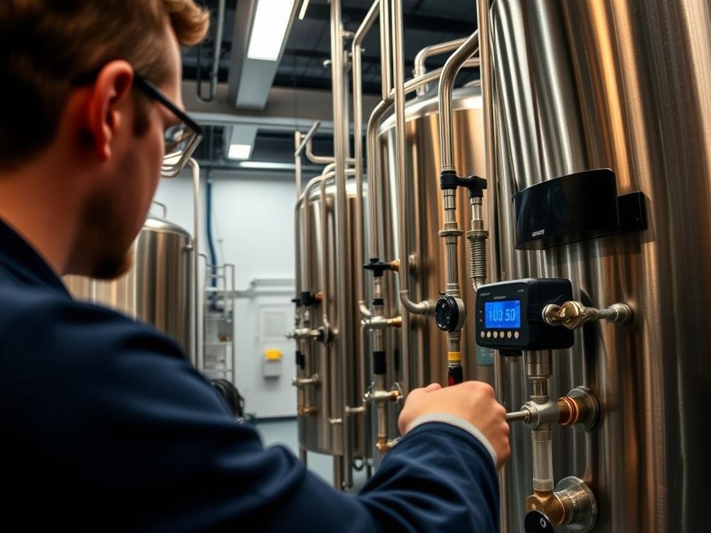 A modern, well-equipped brewery interior with stainless steel brewing tanks and equipment. In the foreground, a technician intently monitoring the temperature of the fermenting wort, captured in a detailed close-up. The middle ground showcases the intricate piping system, valves, and digital displays providing precise control over the fermentation process. The background depicts the larger brewing hall, with muted lighting and a sense of focused activity. The overall scene conveys the importance of carefully managing temperature during this critical stage of beer production.