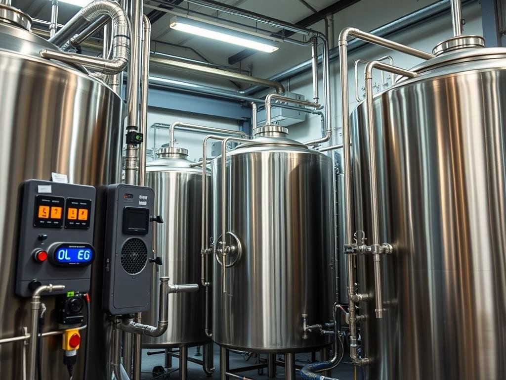 A modern, well-equipped brewery with stainless steel tanks and pipes. The scene shows the water treatment process, with filters, UV lights, and control panels. In the foreground, a technician meticulously monitors the water quality, ensuring optimal mineral content and pH for the perfect beer. The middle ground features large storage tanks, while the background showcases the brewery's clean, functional architecture. The lighting is bright and even, highlighting the precision and care taken in this crucial step of the artisanal brewing process. The overall atmosphere conveys the importance of water quality in crafting exceptional, flavorful beer.