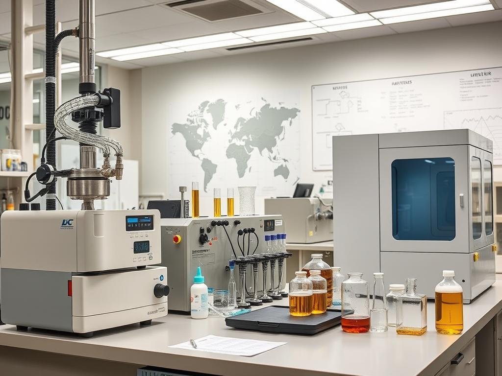 A modern, well-equipped laboratory with various analytical instruments and tools for identifying off-flavors in beer. Prominent on the workbench are a gas chromatograph, a sensory evaluation booth, and a selection of glassware and reagents. The lighting is bright and clinical, creating a professional, scientific atmosphere. In the background, a world map or schematic diagrams hint at the global scope and technical expertise involved in beer quality control. The overall impression is one of a dedicated space for the meticulous analysis and recognition of beer flaws, in service of the brewer's craft.