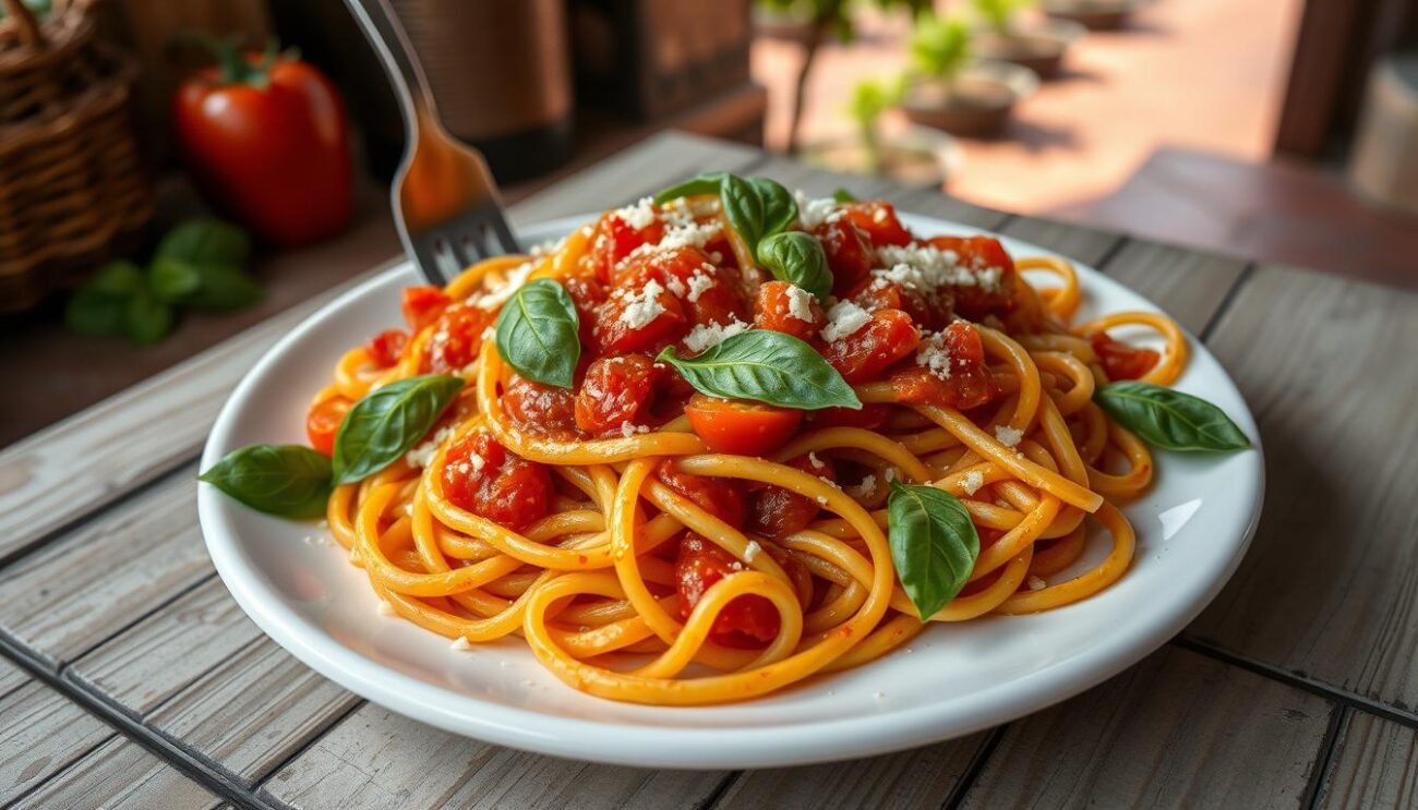 A mouth-watering plate of gluten-free pasta, glistening with a vibrant tomato sauce and sprinkled with fresh basil leaves. The pasta strands, made from alternative grains like rice, corn, or quinoa, are perfectly al dente, twirling around the fork. A drizzle of olive oil adds a glossy sheen, while a scattering of Parmesan cheese adds a savory touch. The image is set against a rustic Italian backdrop, with a weathered wooden table, terracotta tiles, and a glimpse of a sun-dappled vineyard in the distance. The overall mood is one of simple, authentic Italian cuisine, perfect for those with gluten sensitivities or Celiac disease.