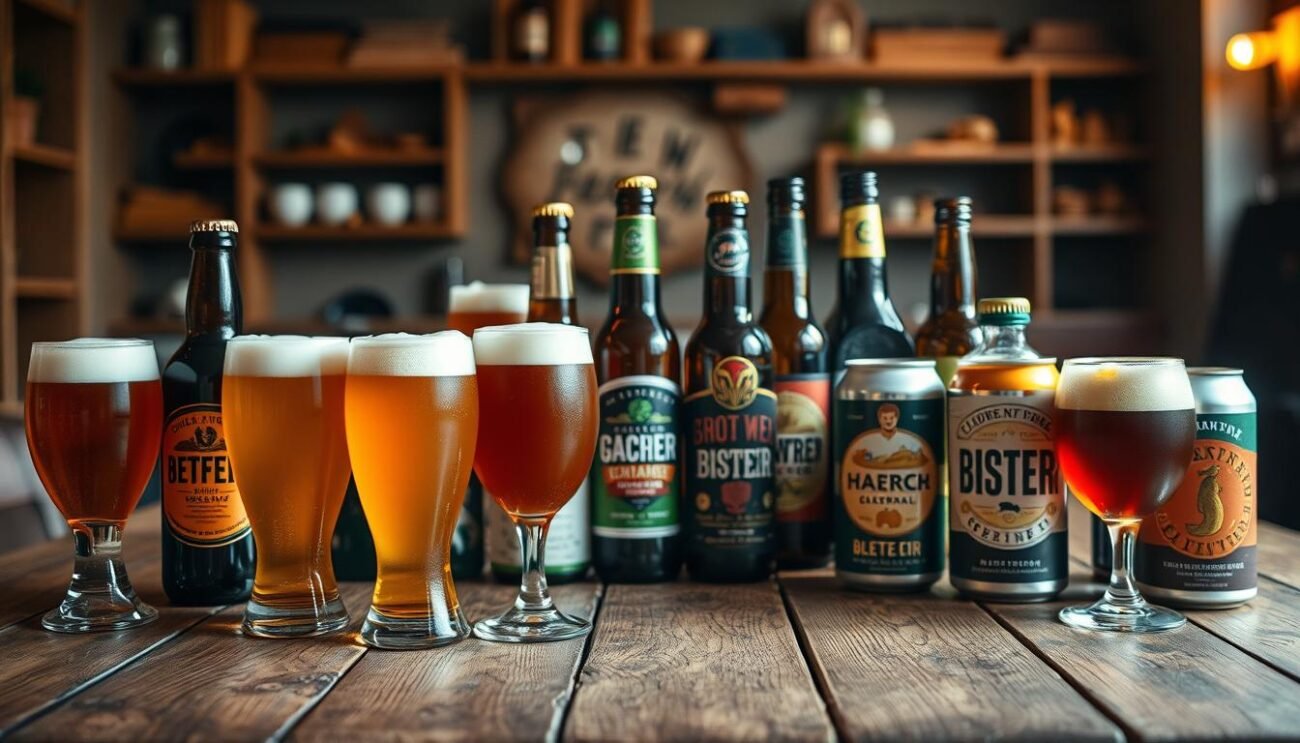 A mouthwatering array of gluten-free beer styles, artfully presented on a rustic wooden table. In the foreground, tall glasses filled with amber, golden, and deep-brown hues, each with a distinct head of creamy foam. The middle ground showcases various beer bottles and cans, their labels showcasing innovative gluten-free brewing techniques and ingredients. The background features a softly-lit, cozy environment, with warm lighting illuminating the scene, creating an inviting and sophisticated atmosphere. The composition balances the visual appeal of the products with a sense of craftsmanship and attention to detail, perfectly capturing the essence of "Gluten-Free Beer: A Flavorful Option for Celiacs and Enthusiasts".