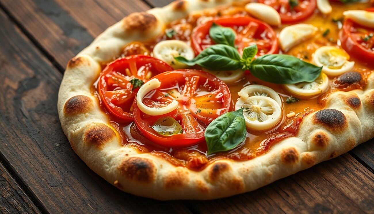 A mouthwatering close-up of a classic Pinsa Romana, resting on a rustic wooden surface. The paper-thin, oblong crust is lightly charred, its edges curling and beckoning. Atop the dough, an array of vibrant, artfully arranged toppings: slices of juicy tomatoes, pungent garlic, fragrant basil leaves, and glistening olive oil. The lighting casts a warm, inviting glow, while the angle captures the textures and layers in exquisite detail. This image perfectly captures the essence of the "Abbinamenti e condimenti per la pinsa" section, showcasing the versatility and mouthwatering appeal of this modern Italian delicacy.
