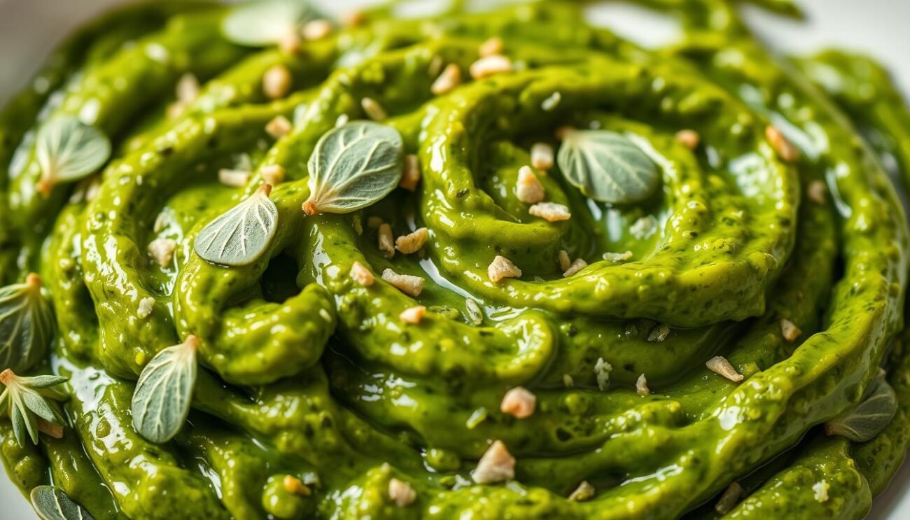 A mouthwatering display of vibrant green pesto, made from the fresh agretti greens. The pesto is artfully swirled and drizzled, revealing its smooth, creamy texture. Garnished with a scattering of whole agretti leaves, adding a delicate, feathery touch. Soft, diffused lighting casts a warm glow, highlighting the vibrant hues. The composition is balanced, with a clean, minimalist background allowing the pesto to take center stage. An elegant, appetizing representation of this springtime delicacy, capturing its essence as a trendy, versatile condiment. A mouthwatering display of vibrant green pesto, made from the fresh agretti greens. The pesto is artfully swirled and drizzled, revealing its smooth, creamy texture. Garnished with a scattering of whole agretti leaves, adding a delicate, feathery touch. Soft, diffused lighting casts a warm glow, highlighting the vibrant hues. The composition is balanced, with a clean, minimalist background allowing the pesto to take center stage. An elegant, appetizing representation of this springtime delicacy, capturing its essence as a trendy, versatile condiment.