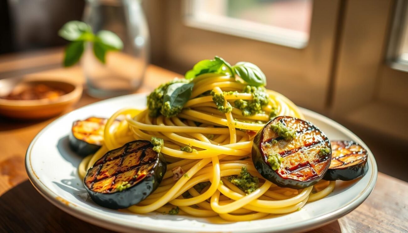 A mouthwatering plate of fresh pesto pasta, adorned with vibrant roasted eggplant slices. The pesto, a vibrant green hue, coats each strand of al dente spaghetti, infusing it with the fragrant flavors of basil, garlic, and olive oil. The eggplant slices, grilled to perfection, lend a smoky depth and velvety texture, complementing the pesto's bold taste. Sunlight streams through a window, casting a warm glow over the scene, inviting the viewer to savor the harmony of flavors and textures. The composition is visually appealing, with the pasta and eggplant artfully arranged, capturing the essence of a simple, yet elegant Sicilian summer dish.