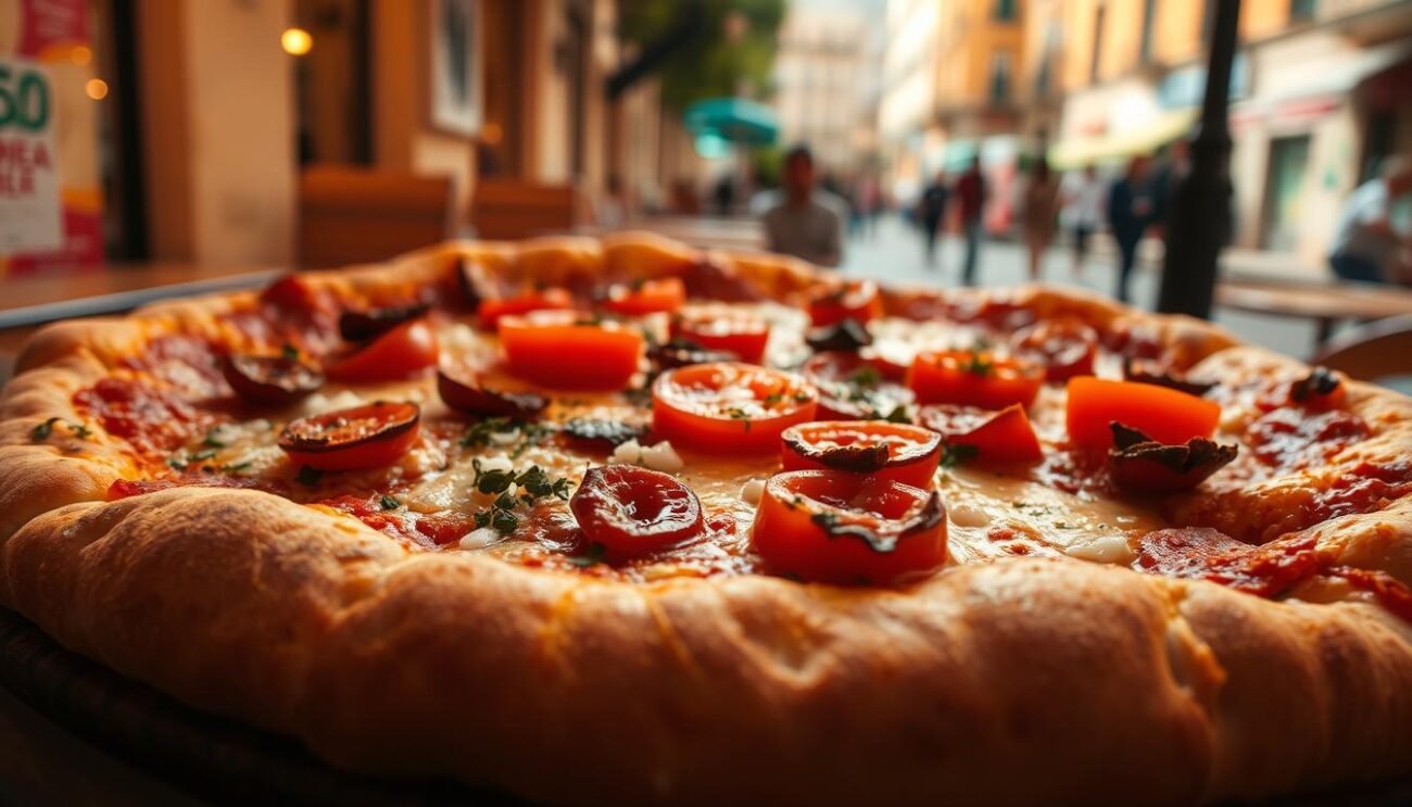 A mouthwatering sfincione palermitano, a classic Sicilian pizza with a thick, pillowy crust and a rich, flavorful topping. The golden-brown dough is dotted with plump tomatoes, their juices mingling with salty anchovies, fragrant oregano, and tangy pecorino cheese. The pizza is bathed in warm, golden lighting, casting a cozy, inviting glow. In the background, a glimpse of the bustling Palermo streets, with their colorful buildings and lively atmosphere. This delectable regional specialty captures the essence of the Sicilian island, a true gem in the culinary crown of Italy.