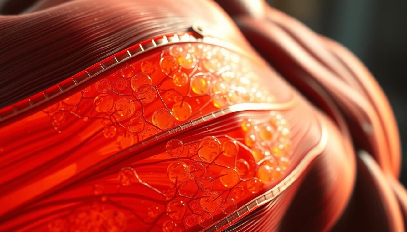 A muscular cross-section revealing the intricate web of glycogen-rich fibers, illuminated by warm, natural lighting. In the foreground, the dense, granular texture of glycogen clusters stands out in sharp detail, while the middle ground showcases the striations and sinuous shapes of the muscle tissue. The background gently blurs, emphasizing the the central focus on this vital energy storage system that powers athletic performance. A muscular cross-section revealing the intricate web of glycogen-rich fibers, illuminated by warm, natural lighting. In the foreground, the dense, granular texture of glycogen clusters stands out in sharp detail, while the middle ground showcases the striations and sinuous shapes of the muscle tissue. The background gently blurs, emphasizing the the central focus on this vital energy storage system that powers athletic performance.
