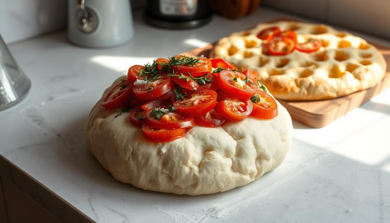 A neatly arranged kitchen counter, bathed in soft natural light, showcases the step-by-step preparation of the iconic Focaccia Barese. On the surface, a mound of pillowy dough rests, its surface gently dimpled, ready to be stretched and topped with a bounty of thinly sliced tomatoes, fragrant oregano, and a drizzle of rich extra virgin olive oil. In the background, a wooden board displays the finished product, its golden crust dotted with pockets of airy crumb, a delicious preview of the savory delights to come. The atmosphere is one of rustic simplicity, where traditional methods and fresh, high-quality ingredients come together to create a masterpiece of Puglian cuisine.