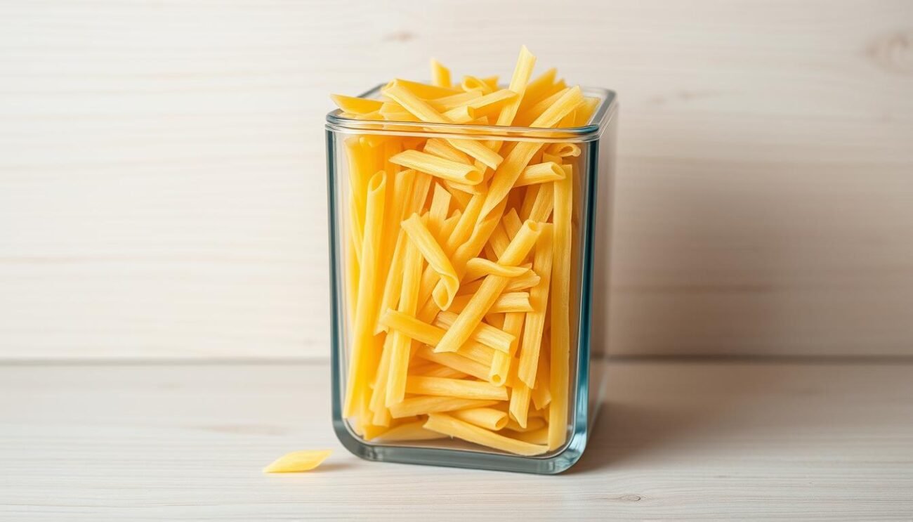 A neatly arranged still life showcasing a transparent glass container filled with dry, golden-hued grammi pasta. The pasta strands are presented in an orderly, visually appealing manner, allowing the viewer to clearly discern the portion size per person. The container is positioned on a simple, uncluttered background, perhaps a wooden or neutral-toned surface, creating a minimalist and elegant composition. Soft, diffused lighting illuminates the scene, gently highlighting the texture and color of the pasta. The overall mood is one of simplicity, clarity, and a focus on the essential information conveyed through the visual representation.