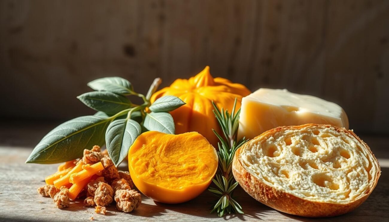 A neatly arranged still life showcasing the key ingredients for a classic autumn pasta dish: creamy pumpkin puree, fresh sage leaves, nutty Parmigiano-Reggiano, a wedge of crusty golden-brown bread, and a sprig of rosemary. The composition is lit from the side, casting dramatic shadows and highlighting the textures and colors of the elements. The background is a neutral, slightly out-of-focus backdrop, allowing the ingredients to take center stage. The overall mood is warm, cozy, and evocative of a rustic Italian kitchen.