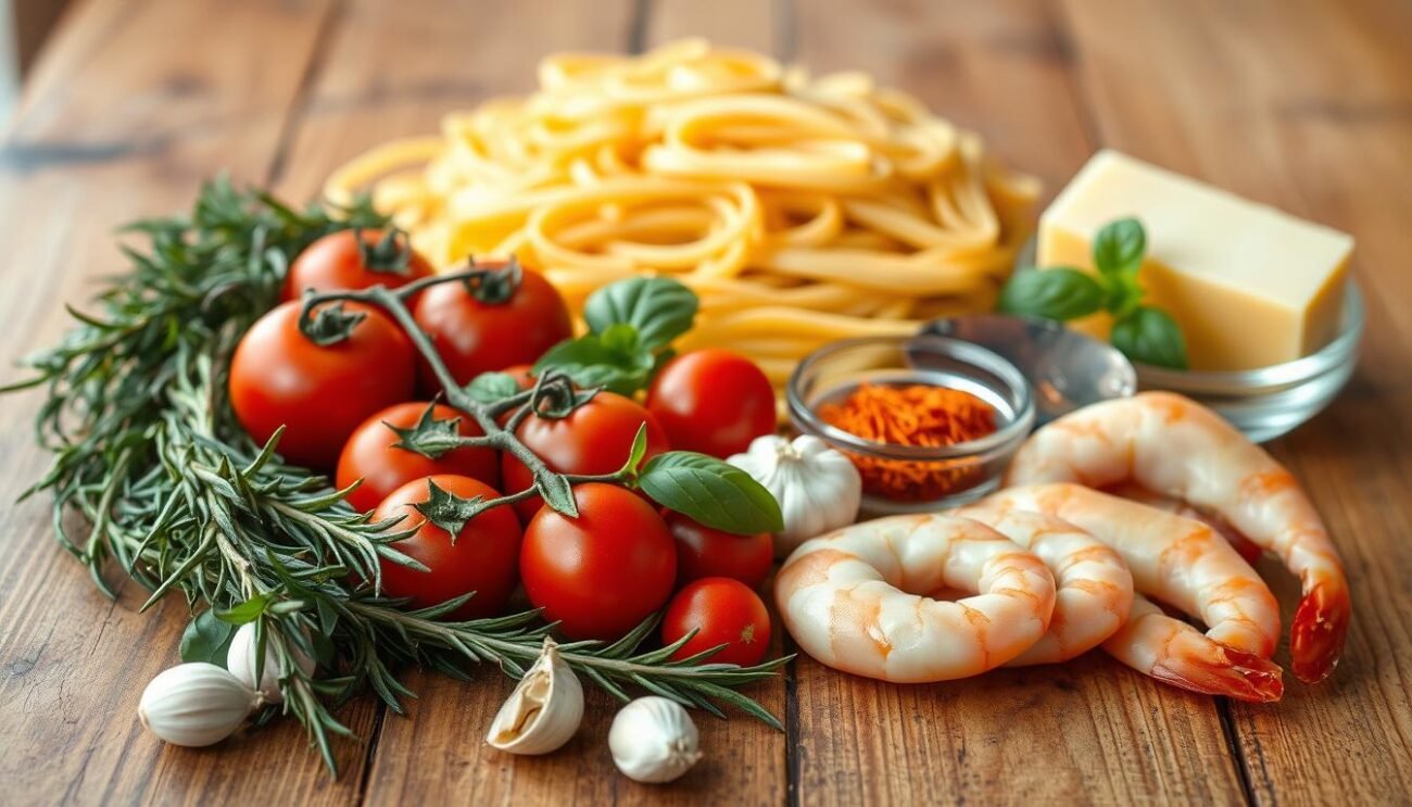 A neatly arranged tableau on a rustic wooden table, showcasing a collection of fresh, seasonal ingredients for a delectable pasta dish. In the foreground, fragrant sprigs of rosemary, thyme, and basil lay nestled among vibrant red tomatoes, garlic cloves, and plump shrimp. In the middle ground, a pile of uncooked pasta strands, a wedge of Parmesan cheese, and a small glass bowl brimming with saffron threads create a visually appealing composition. The background is softly blurred, allowing the focus to remain on the carefully curated ingredients, illuminated by natural, warm lighting that casts subtle shadows and highlights the textures and colors of the culinary components.