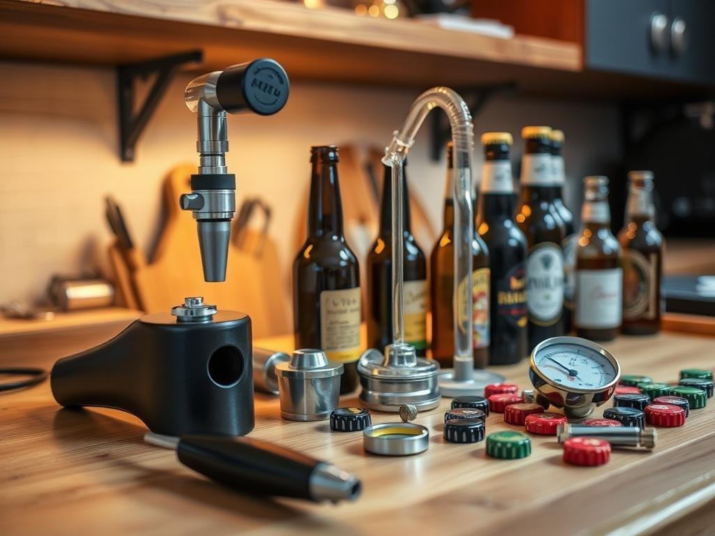 A neatly organized workbench featuring an array of essential homebrewing tools: a bottle capper, a siphon, a hydrometer, and various bottles and caps. Soft, warm lighting casts a cozy glow, creating an inviting atmosphere for the home beer enthusiast. The scene conveys a sense of care, precision, and the satisfaction of crafting one's own beverage. The background suggests a rustic, yet modern home setting, with hints of wooden shelves or cabinets visible. An image that captures the spirit of the "How to Bottle Beer at Home: Techniques and Tips" section, inspiring readers to take on this rewarding hobby. A neatly organized workbench featuring an array of essential homebrewing tools: a bottle capper, a siphon, a hydrometer, and various bottles and caps. Soft, warm lighting casts a cozy glow, creating an inviting atmosphere for the home beer enthusiast. The scene conveys a sense of care, precision, and the satisfaction of crafting one's own beverage. The background suggests a rustic, yet modern home setting, with hints of wooden shelves or cabinets visible. An image that captures the spirit of the "How to Bottle Beer at Home: Techniques and Tips" section, inspiring readers to take on this rewarding hobby.