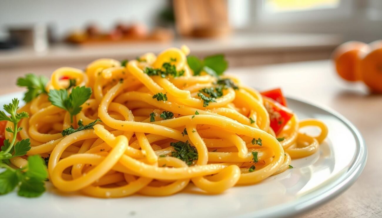 A nutritious plate of freshly cooked pasta, glistening with a light olive oil glaze, surrounded by vibrant vegetables and a scattering of herbs. The pasta noodles are al dente, with a slightly rough texture that catches the light. In the foreground, a detailed nutrition label showcases the macronutrient breakdown, highlighting the carbohydrate content that fuels active lifestyles. The scene is captured in a warm, inviting lighting, with a soft focus that emphasizes the pasta's wholesome appeal. The background features a clean, minimalist kitchen setting, creating a sense of simplicity and wellness. This image conveys the essential role of pasta as a key nutritional component for athletes and fitness enthusiasts. A nutritious plate of freshly cooked pasta, glistening with a light olive oil glaze, surrounded by vibrant vegetables and a scattering of herbs. The pasta noodles are al dente, with a slightly rough texture that catches the light. In the foreground, a detailed nutrition label showcases the macronutrient breakdown, highlighting the carbohydrate content that fuels active lifestyles. The scene is captured in a warm, inviting lighting, with a soft focus that emphasizes the pasta's wholesome appeal. The background features a clean, minimalist kitchen setting, creating a sense of simplicity and wellness. This image conveys the essential role of pasta as a key nutritional component for athletes and fitness enthusiasts.