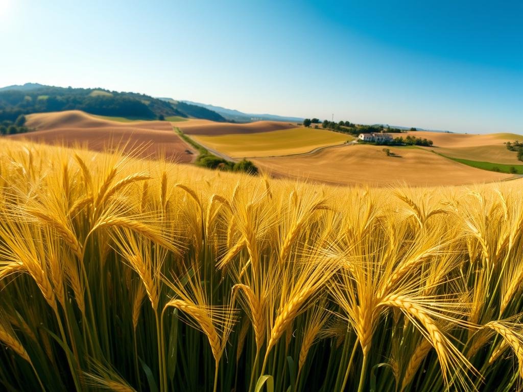 A panoramic image of an Italian wheat field in the Marche region, highlighting the Farina Grano Tenero Marche IGP. The scene features a lush, golden wheat crop swaying in the gentle breeze, with a picturesque countryside landscape in the background, including rolling hills, farmhouses, and a clear blue sky. The lighting is warm and natural, creating a serene and inviting atmosphere. The camera captures the scene from a slightly elevated perspective, providing a sweeping, immersive view of the vibrant, bountiful wheat field, conveying the richness and quality of this regional specialty flour. A panoramic image of an Italian wheat field in the Marche region, highlighting the Farina Grano Tenero Marche IGP. The scene features a lush, golden wheat crop swaying in the gentle breeze, with a picturesque countryside landscape in the background, including rolling hills, farmhouses, and a clear blue sky. The lighting is warm and natural, creating a serene and inviting atmosphere. The camera captures the scene from a slightly elevated perspective, providing a sweeping, immersive view of the vibrant, bountiful wheat field, conveying the richness and quality of this regional specialty flour.