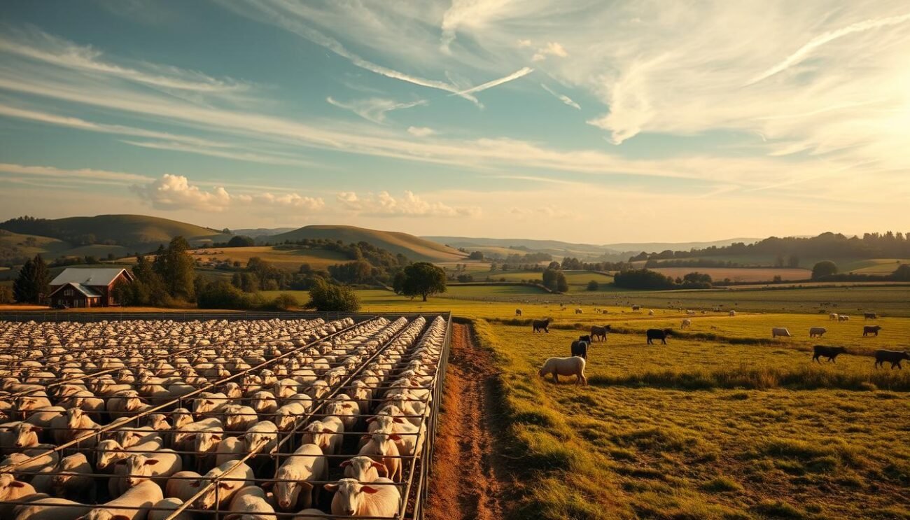A pastoral countryside landscape showcasing the stark contrasts between intensive and extensive animal farming. In the foreground, a large industrial livestock facility with rows of confined, densely packed pens. In the middle ground, a small-scale free-range farm with animals grazing peacefully in open fields. The background features rolling hills, lush vegetation, and a warm natural light filtering through wispy clouds. The scene aims to visually capture the fundamental differences in animal welfare, environmental impact, and quality of produce between the two farming systems.