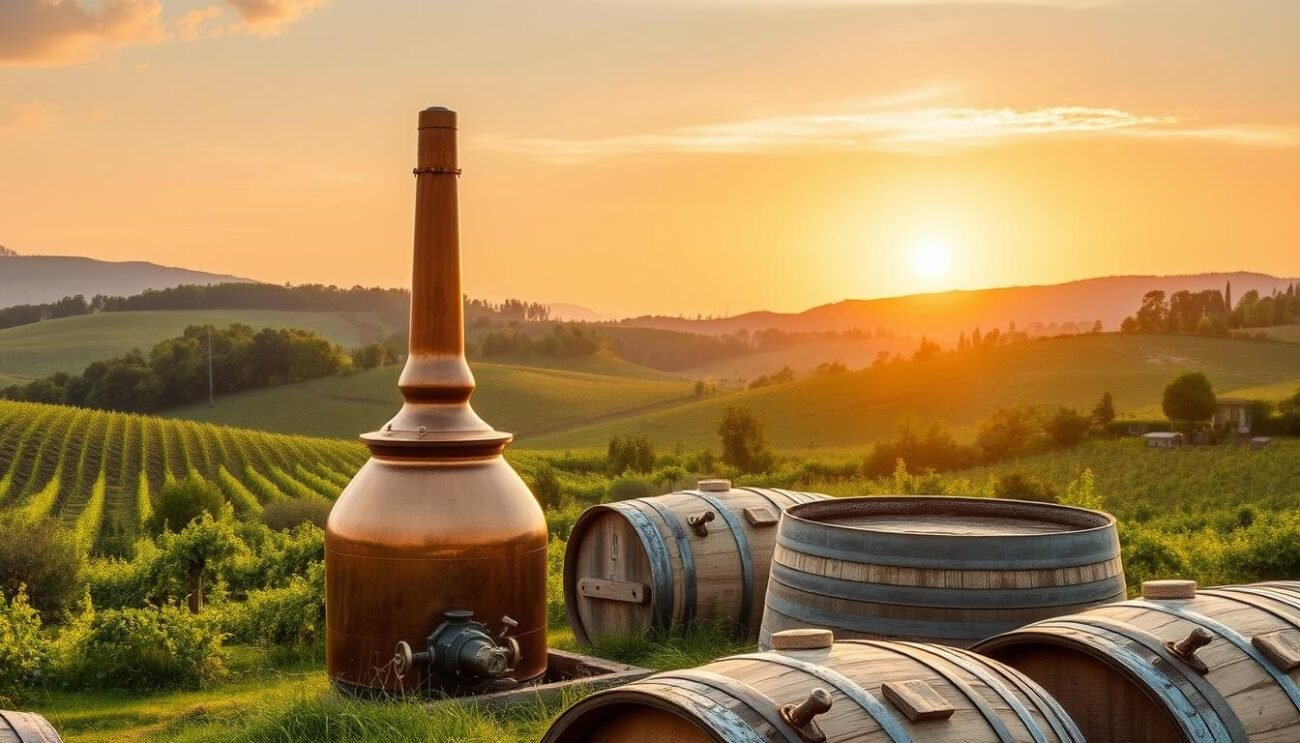 A pastoral countryside scene in the Tuscan region, showcasing the distinctive characteristics of local grappa and spirits. In the foreground, a copper still stands amidst a lush, verdant landscape, its warm glow reflecting off the surrounding hills and vineyards. Midground features weathered oak barrels, their aged wood and brass fittings hinting at the artisanal distillation process. In the background, a golden sunset paints the sky, casting a soft, amber hue over the entire scene. The overall atmosphere evokes a sense of tradition, craftsmanship, and the essence of Tuscan terroir.