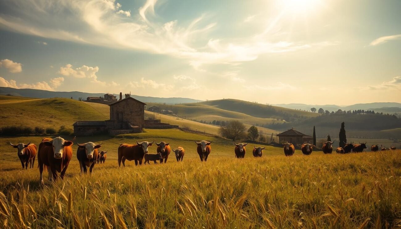 A pastoral landscape of rolling hills, dotted with traditional farmhouses and ancient stone buildings. In the foreground, a herd of heritage breed cattle graze peacefully, their sturdy frames and distinct markings a testament to centuries of careful husbandry. Sunlight filters through wispy clouds, casting a warm glow over the scene. Wispy stalks of wheat and barley sway in the gentle breeze, hinting at the bountiful harvests of the past. In the distance, the silhouettes of olive groves and vineyards suggest the long-standing traditions of food production that have sustained this region for generations. An atmosphere of timeless harmony and sustainable stewardship pervades the composition. A pastoral landscape of rolling hills, dotted with traditional farmhouses and ancient stone buildings. In the foreground, a herd of heritage breed cattle graze peacefully, their sturdy frames and distinct markings a testament to centuries of careful husbandry. Sunlight filters through wispy clouds, casting a warm glow over the scene. Wispy stalks of wheat and barley sway in the gentle breeze, hinting at the bountiful harvests of the past. In the distance, the silhouettes of olive groves and vineyards suggest the long-standing traditions of food production that have sustained this region for generations. An atmosphere of timeless harmony and sustainable stewardship pervades the composition.