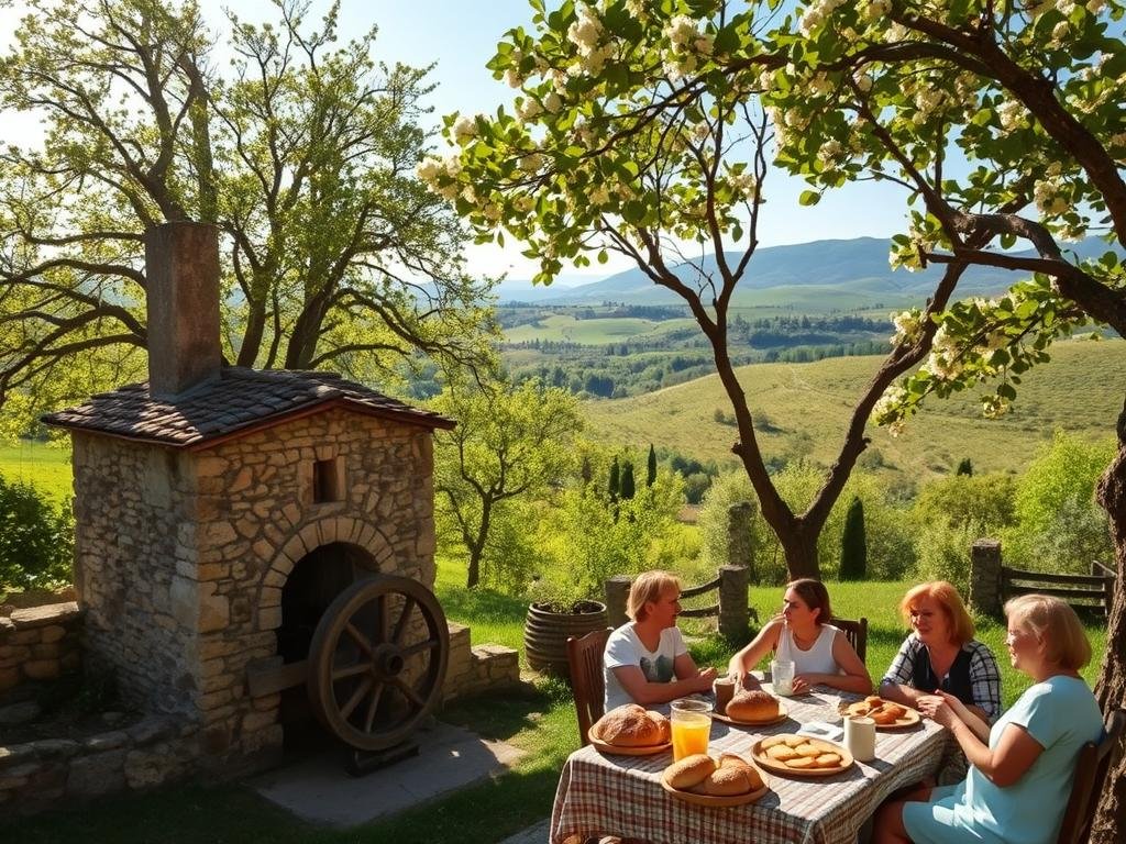 A pastoral scene of a Tuscan hillside, adorned with chestnut trees in full bloom. Sunlight filters through the canopy, casting a warm glow over the verdant landscape. In the foreground, a weathered stone mill stands proud, its water wheel lazily turning as it grinds the precious chestnut flour. Nearby, a family gathers around a rustic table, savoring the fruits of their labor - freshly baked chestnut breads and pastries, their aroma wafting through the air. In the distance, the rolling hills of the Mugello region stretch out, a testament to the rich history and traditions that have sustained this unique culinary heritage for generations. A pastoral scene of a Tuscan hillside, adorned with chestnut trees in full bloom. Sunlight filters through the canopy, casting a warm glow over the verdant landscape. In the foreground, a weathered stone mill stands proud, its water wheel lazily turning as it grinds the precious chestnut flour. Nearby, a family gathers around a rustic table, savoring the fruits of their labor - freshly baked chestnut breads and pastries, their aroma wafting through the air. In the distance, the rolling hills of the Mugello region stretch out, a testament to the rich history and traditions that have sustained this unique culinary heritage for generations.