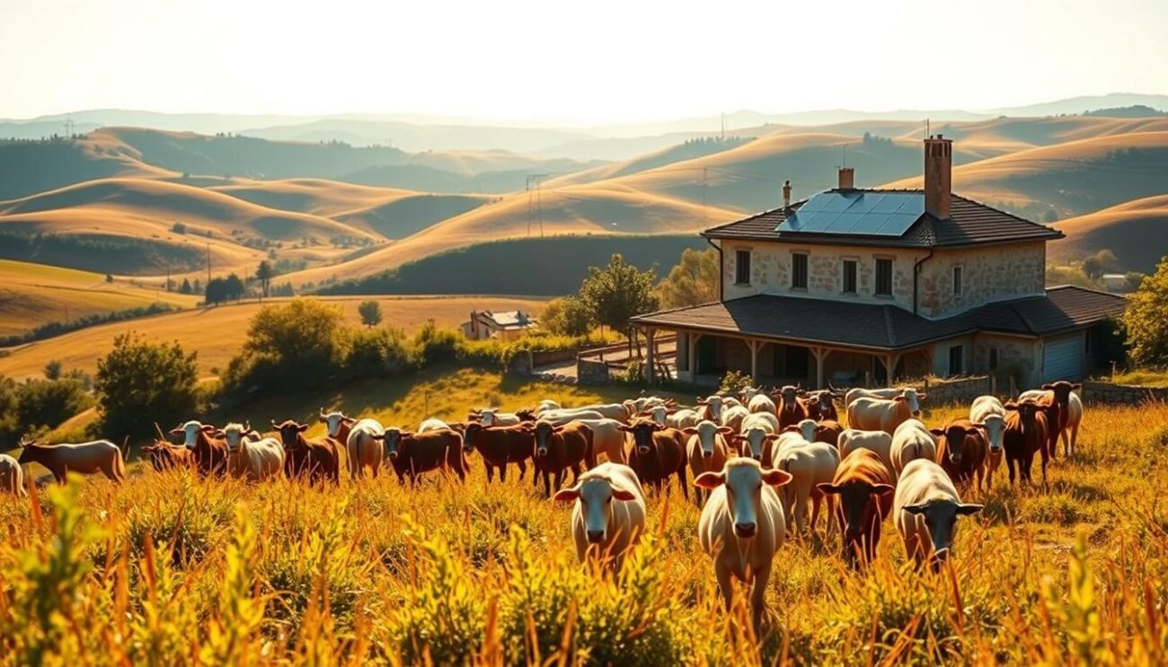 A pastoral scene of a modern, free-range livestock operation nestled amidst the rolling Italian countryside. In the foreground, a herd of healthy, contented animals graze peacefully in the warm, golden sunlight. The middle ground features vibrant, lush vegetation and a rustic farmhouse with solar panels on the roof, hinting at sustainable energy practices. In the background, a picturesque landscape of undulating hills and a bright, cloudless sky. The overall atmosphere exudes a sense of wellbeing, harmony, and environmental stewardship.