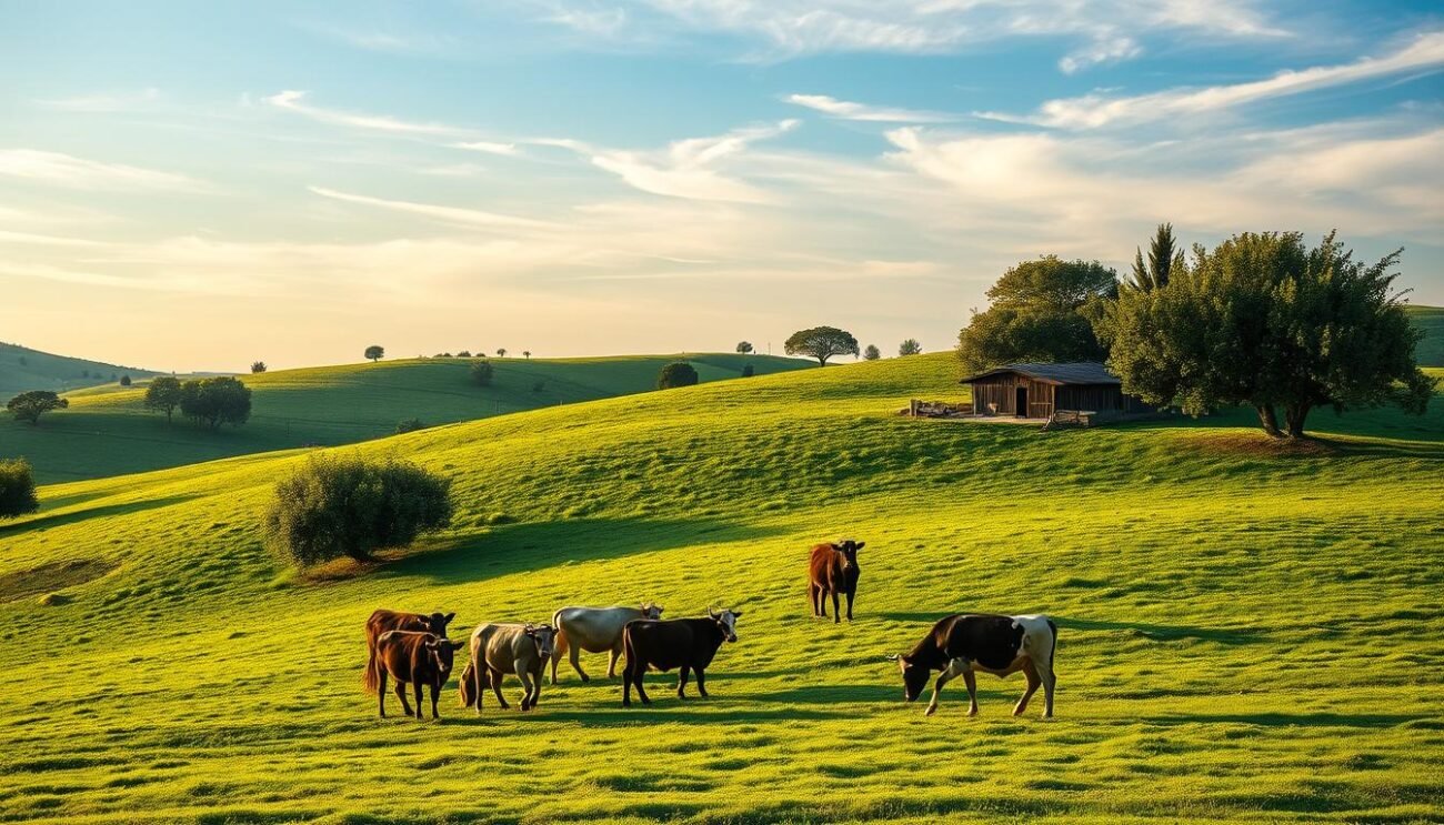 A pastoral scene of an extensive livestock farm in the Italian countryside. Gentle hills covered in lush green meadows, dotted with clusters of trees that cast soft shadows. In the foreground, a herd of cows grazes peacefully, their movements slow and unhurried. A weathered wooden barn stands in the middle distance, its rustic charm complementing the tranquil atmosphere. The sky above is a clear, soft blue, with wispy clouds drifting lazily. Warm, natural lighting filters through, illuminating the scene with a serene, bucolic glow. The overall impression is one of harmony between the animals, the land, and the environment - a sustainable, eco-friendly approach to animal husbandry. A pastoral scene of an extensive livestock farm in the Italian countryside. Gentle hills covered in lush green meadows, dotted with clusters of trees that cast soft shadows. In the foreground, a herd of cows grazes peacefully, their movements slow and unhurried. A weathered wooden barn stands in the middle distance, its rustic charm complementing the tranquil atmosphere. The sky above is a clear, soft blue, with wispy clouds drifting lazily. Warm, natural lighting filters through, illuminating the scene with a serene, bucolic glow. The overall impression is one of harmony between the animals, the land, and the environment - a sustainable, eco-friendly approach to animal husbandry.