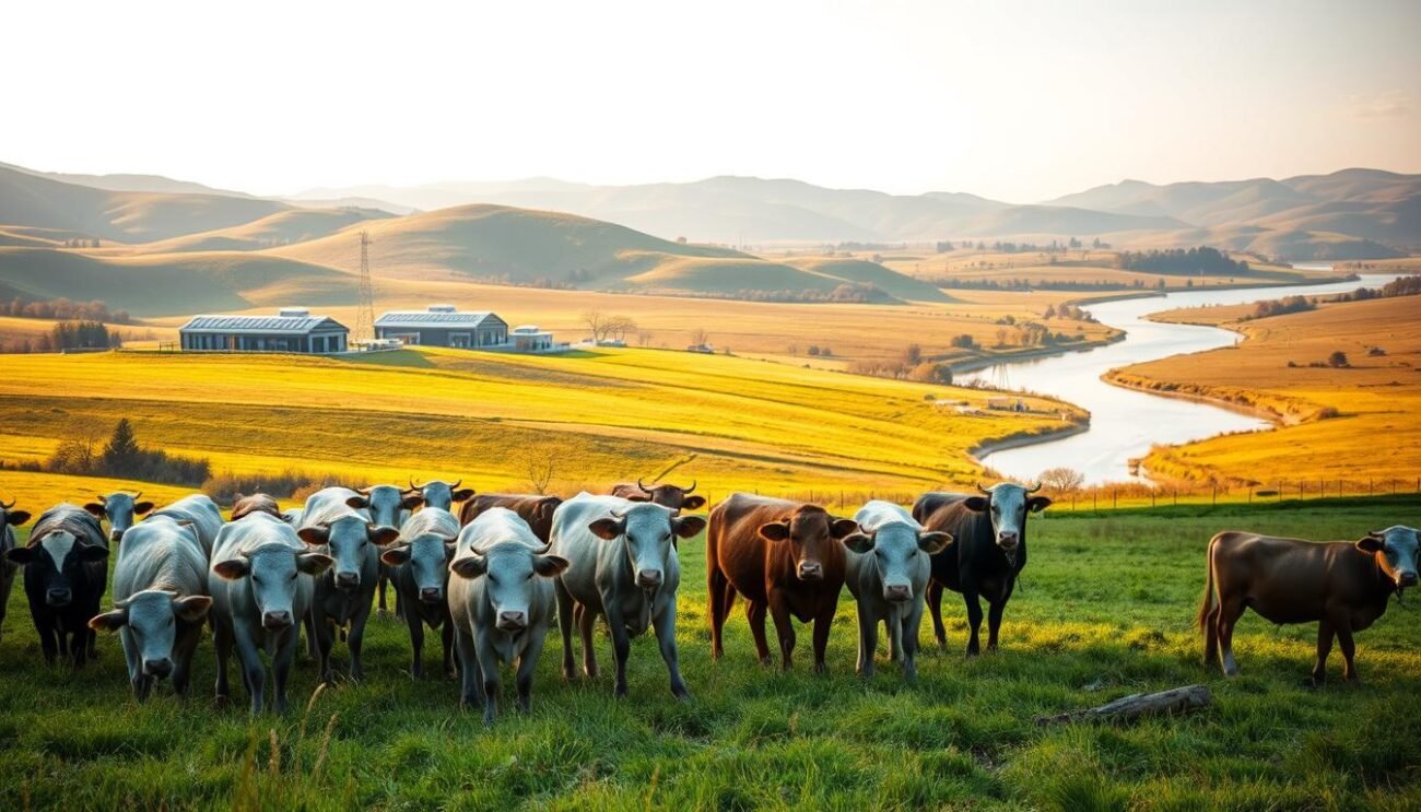 A pastoral scene of sustainable livestock farming, set against a backdrop of rolling hills and lush meadows. In the foreground, a herd of well-cared for, humanely raised livestock graze peacefully, their contented expressions conveying a sense of harmony with their natural environment. The middle ground features modern, eco-friendly farm buildings powered by renewable energy sources, blending seamlessly with the landscape. In the distance, a winding river reflects the warm, golden rays of the sun, casting a serene, tranquil atmosphere. Lighting is soft and diffused, creating a calming, inviting mood. The overall composition emphasizes the balance between productive agriculture and environmental stewardship, showcasing the potential for sustainable, responsible livestock farming.
